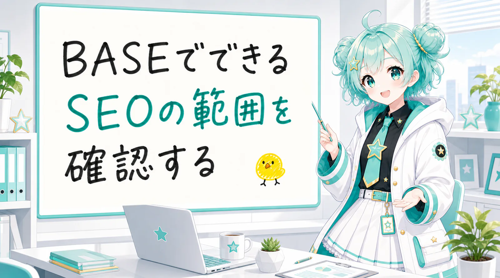 「BASEでできるSEOの範囲を確認する」と手書きされたホワイトボードを指す公式キャラクターと、ひよこの落書き