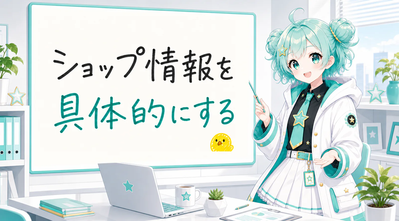 「ショップ情報を具体的にする」と手書きされたホワイトボードを指す公式キャラクターと、ひよこの落書き