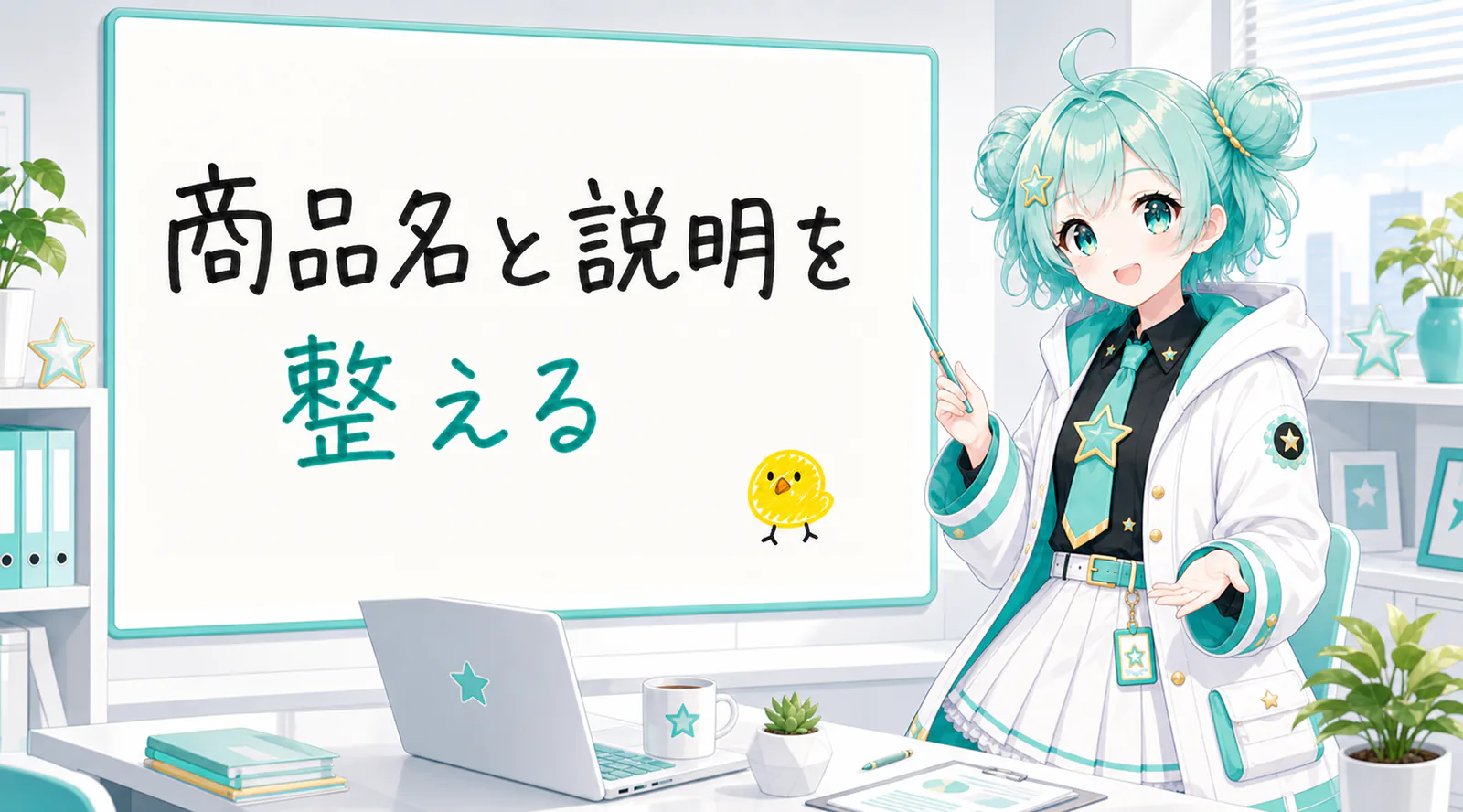 「商品名と説明を整える」と手書きされたホワイトボードを指す公式キャラクターと、ひよこの落書き