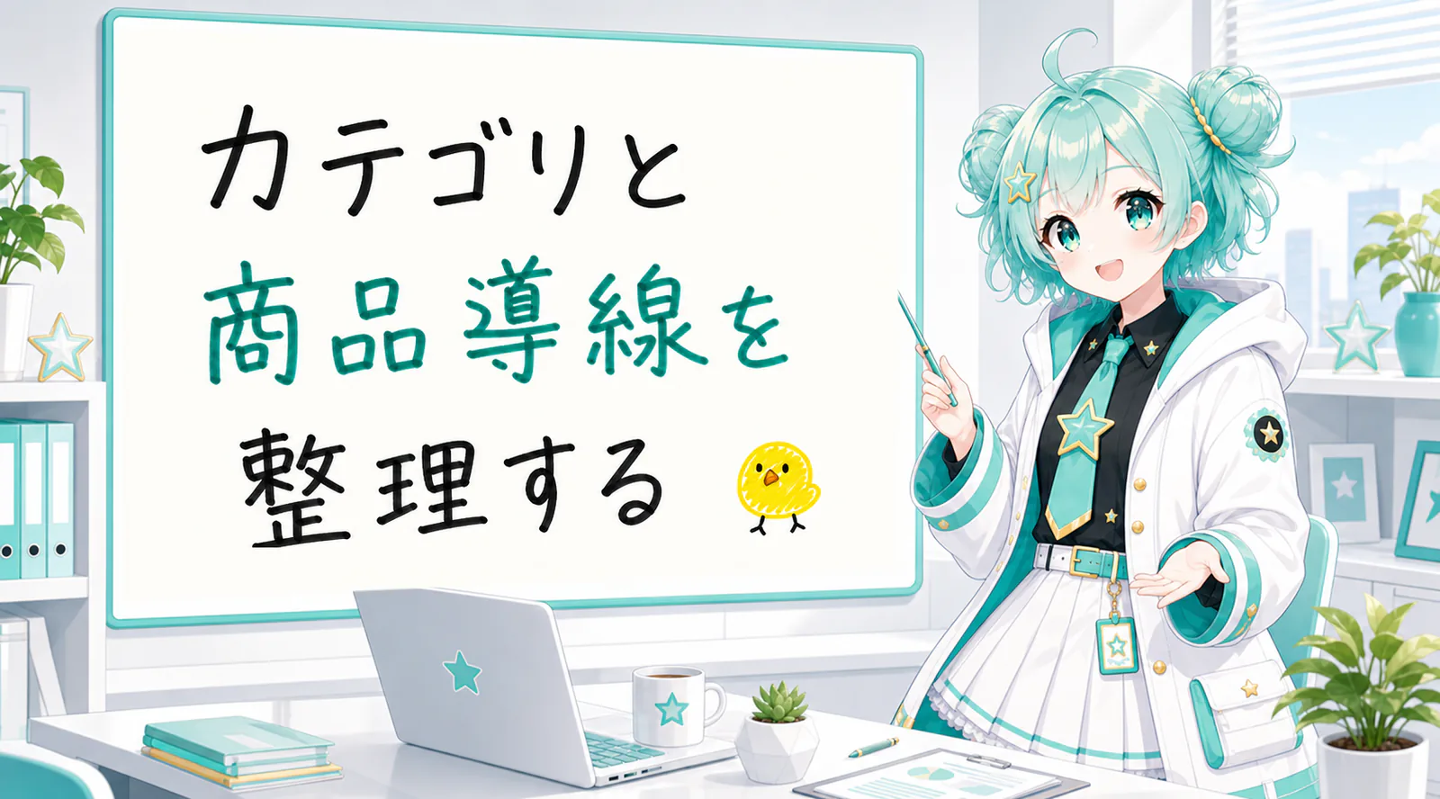 「カテゴリと商品導線を整理する」と手書きされたホワイトボードを指す公式キャラクターと、ひよこの落書き