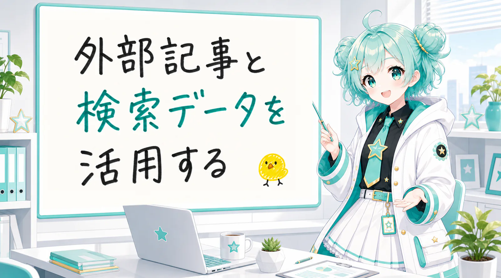 「外部記事と検索データを活用する」と手書きされたホワイトボードを指す公式キャラクターと、ひよこの落書き