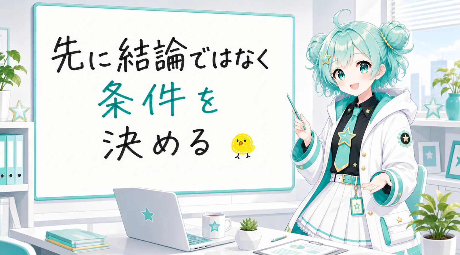 「先に結論ではなく条件を決める」と手書きされたホワイトボードを指す公式キャラクターと、ひよこの落書き