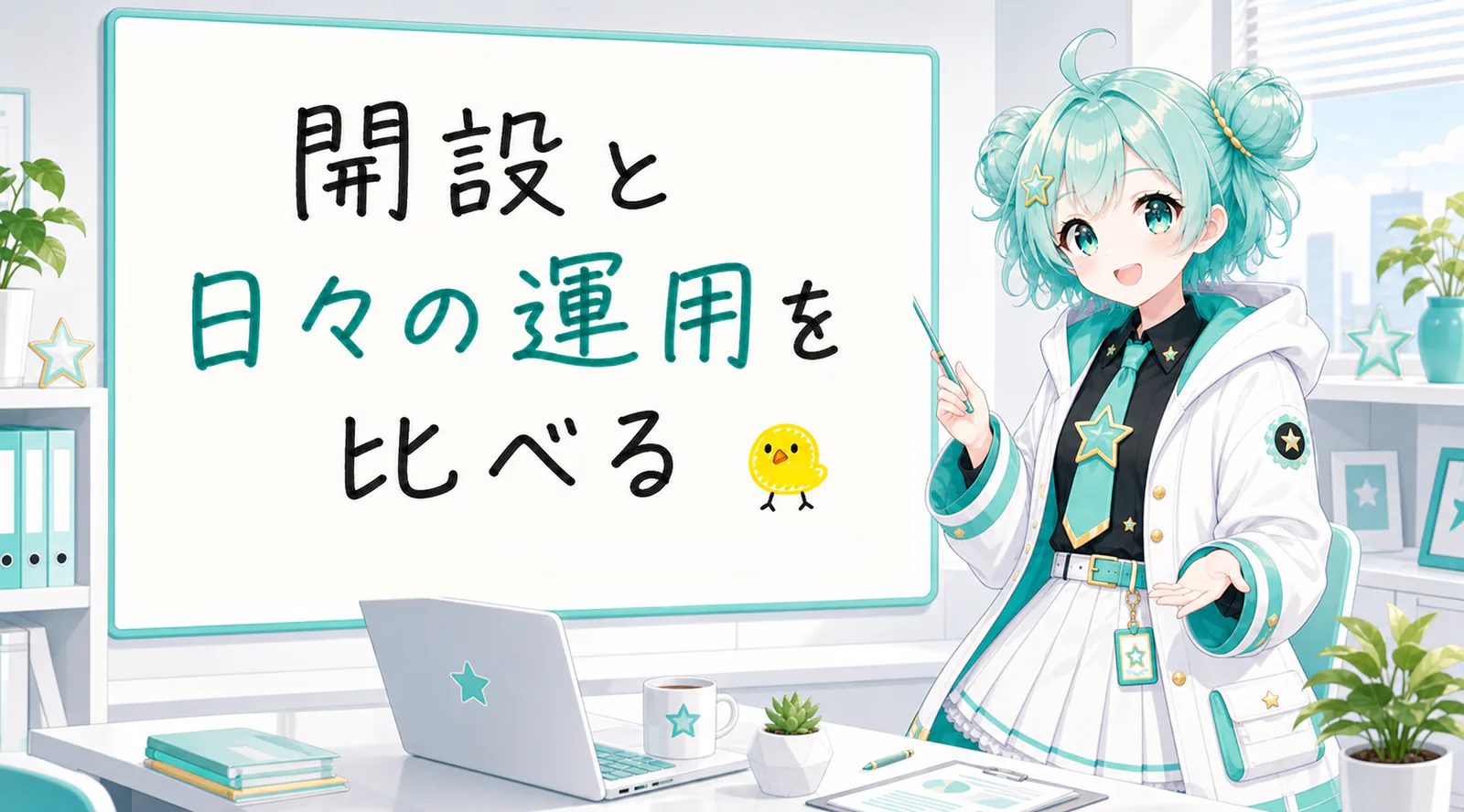 「開設と日々の運用を比べる」と手書きされたホワイトボードを指す公式キャラクターと、ひよこの落書き