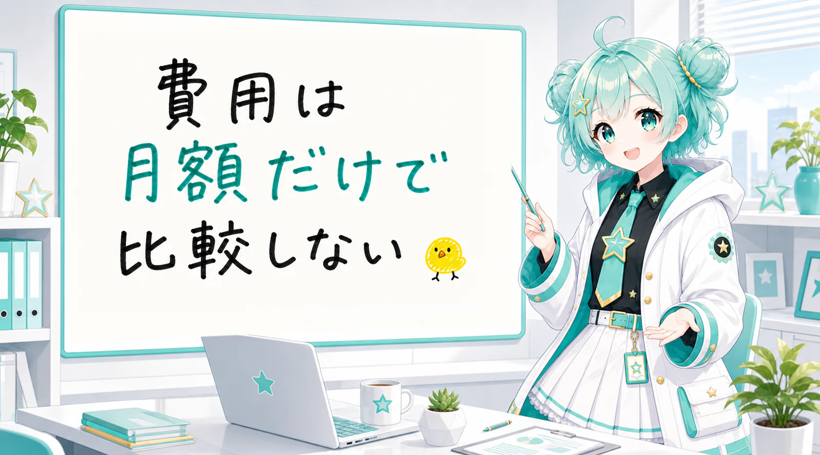 「費用は月額だけで比較しない」と手書きされたホワイトボードを指す公式キャラクターと、ひよこの落書き