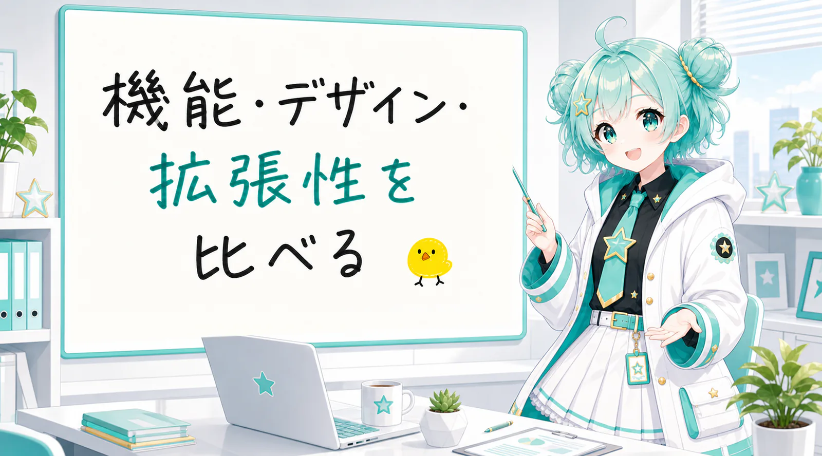 「機能・デザイン・拡張性を比べる」と手書きされたホワイトボードを指す公式キャラクターと、ひよこの落書き