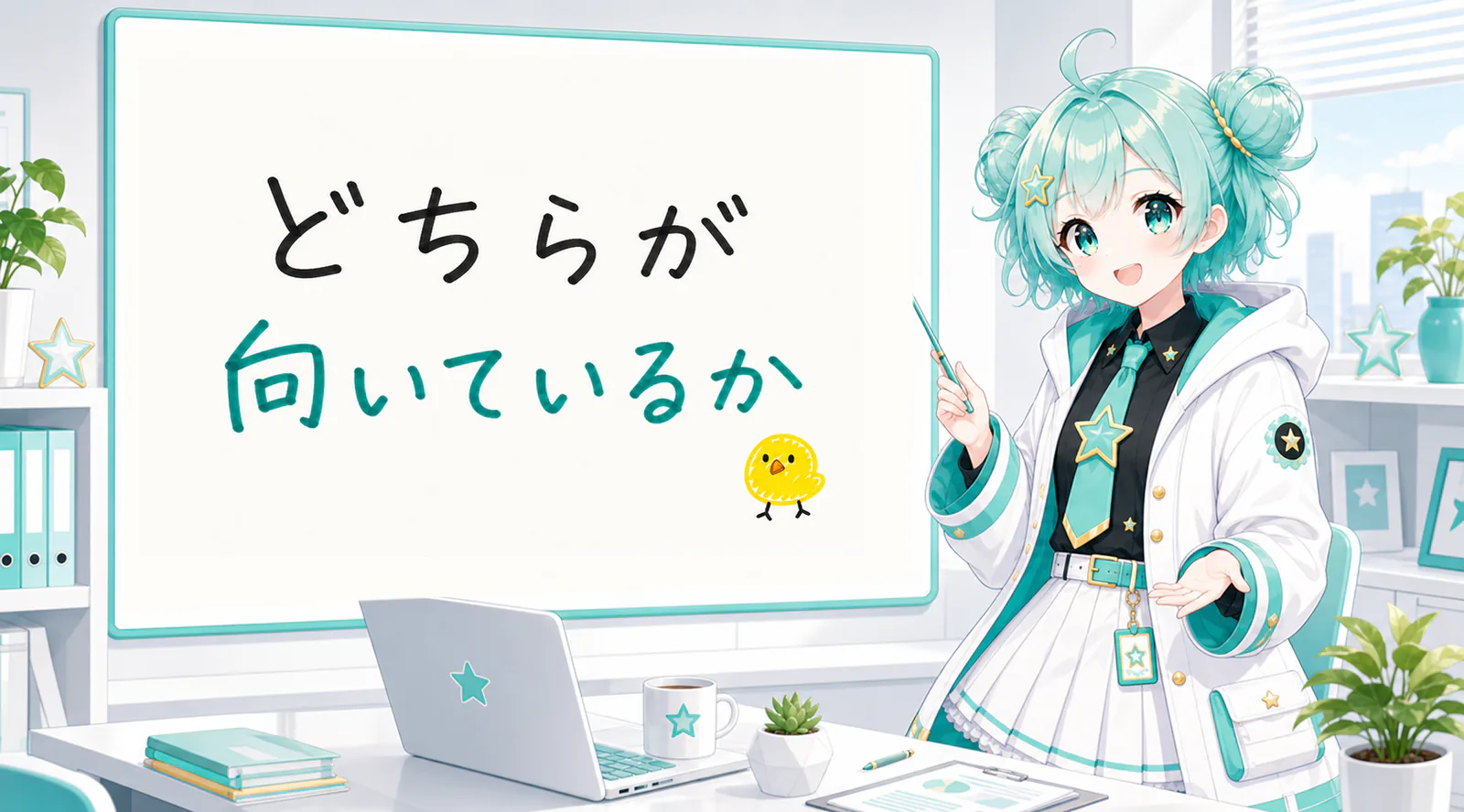 「どちらが向いているか」と手書きされたホワイトボードを指す公式キャラクターと、ひよこの落書き