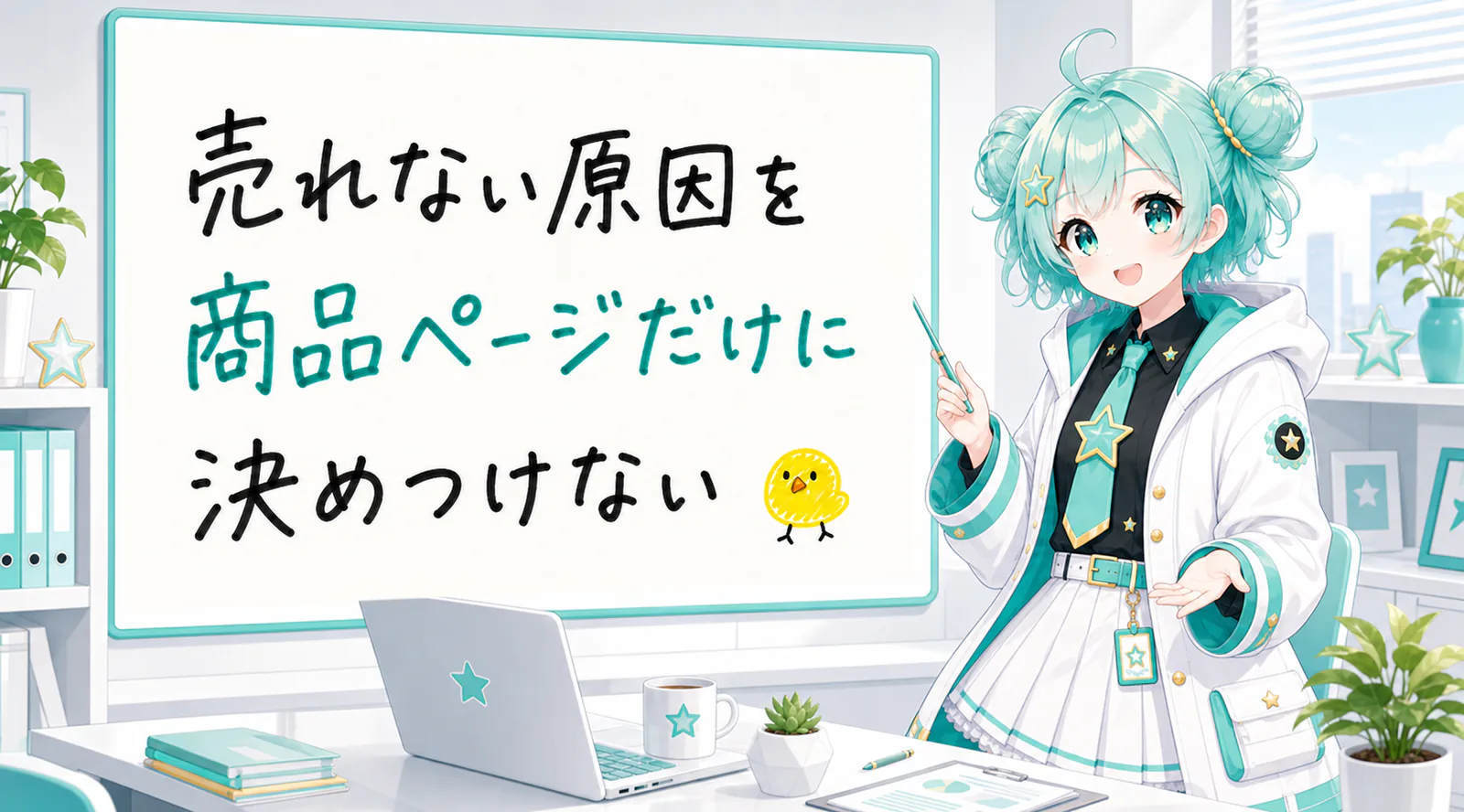 「売れない原因を商品ページだけに決めつけない」と手書きされたホワイトボードを指す公式キャラクターと、ひよこの落書き
