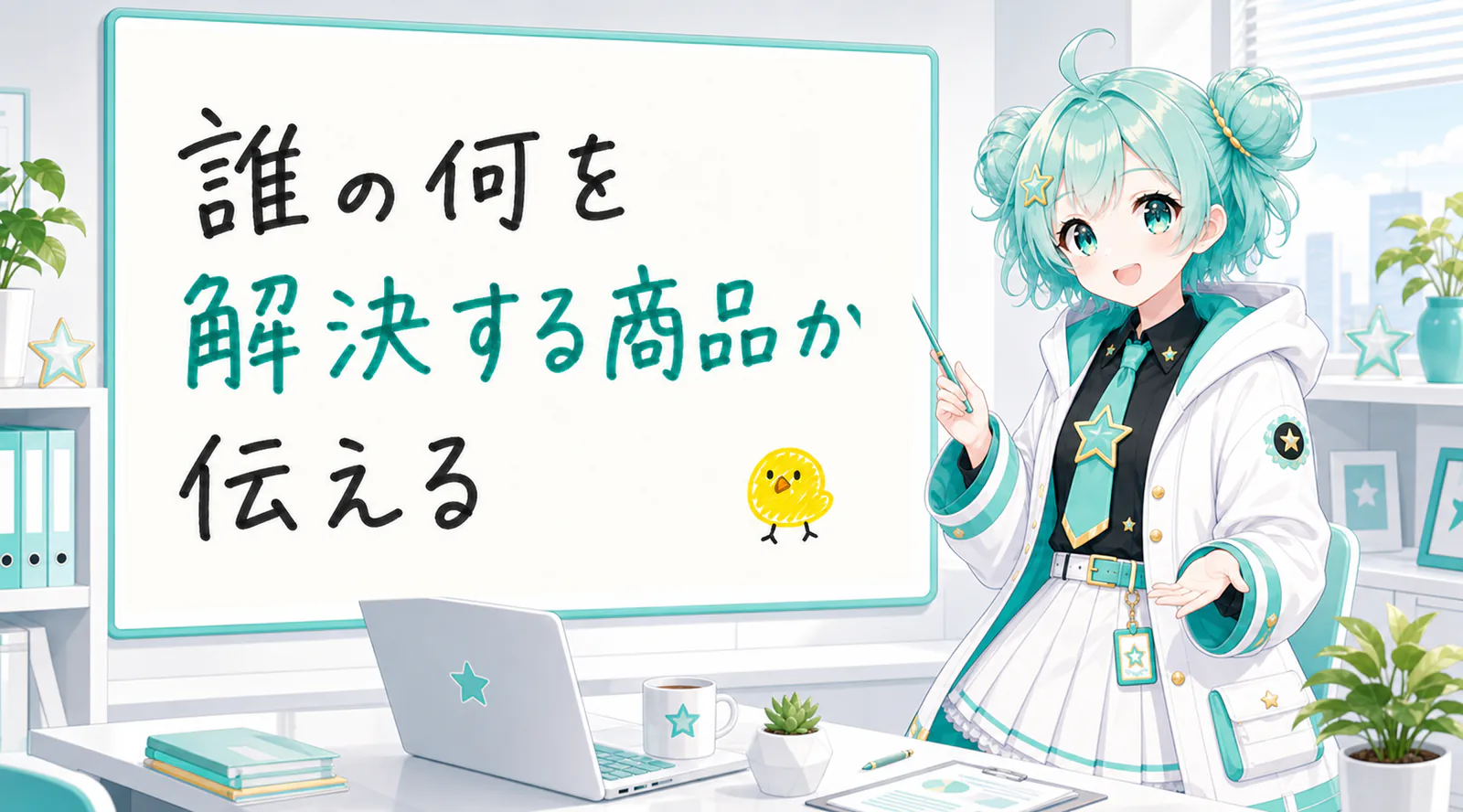 「誰の何を解決する商品か伝える」と手書きされたホワイトボードを指す公式キャラクターと、ひよこの落書き