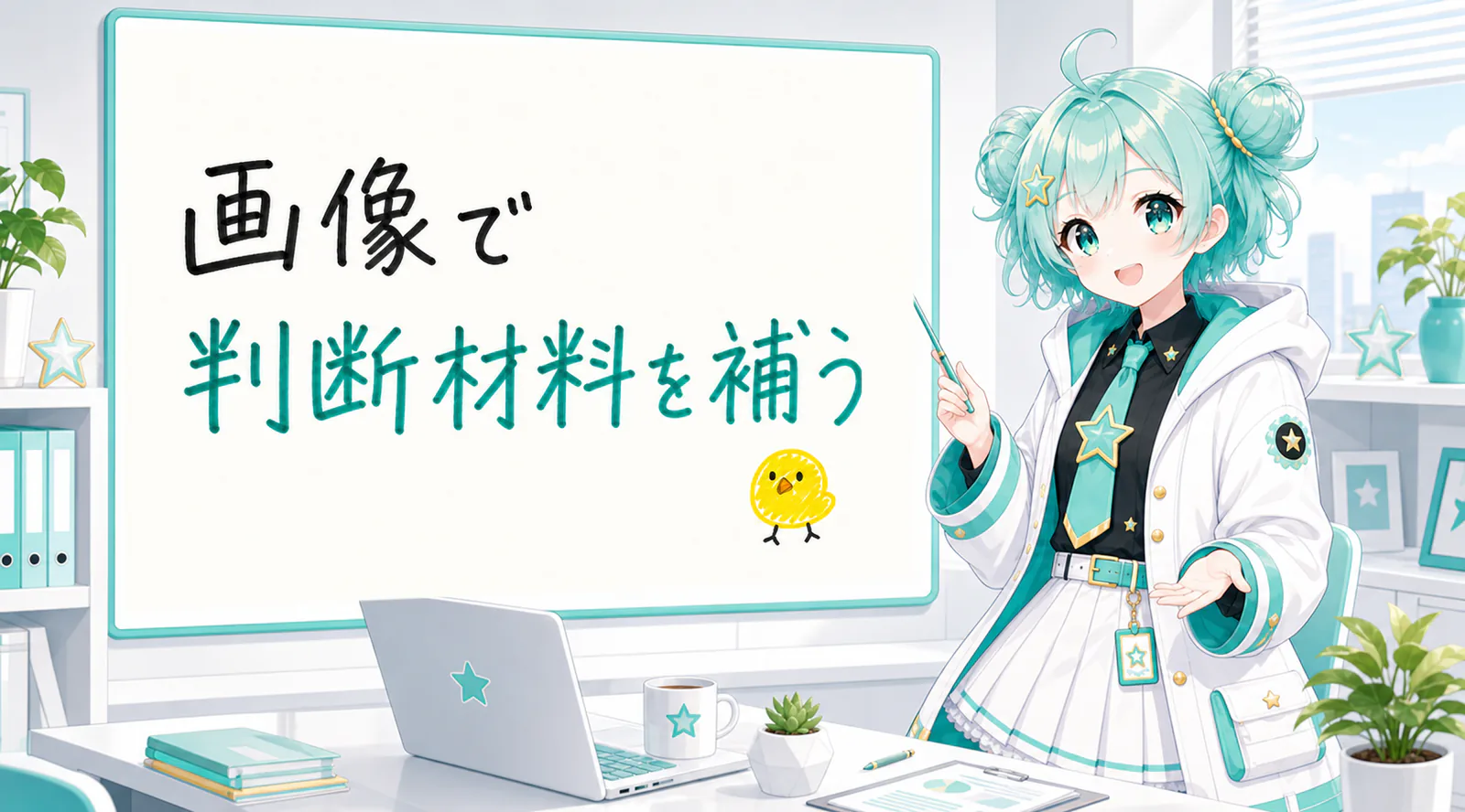 「画像で判断材料を補う」と手書きされたホワイトボードを指す公式キャラクターと、ひよこの落書き