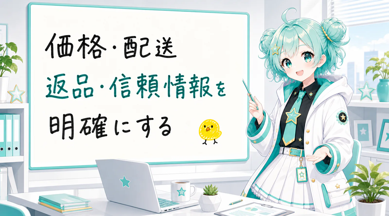 「価格・配送 返品・信頼情報を明確にする」と手書きされたホワイトボードを指す公式キャラクターと、ひよこの落書き