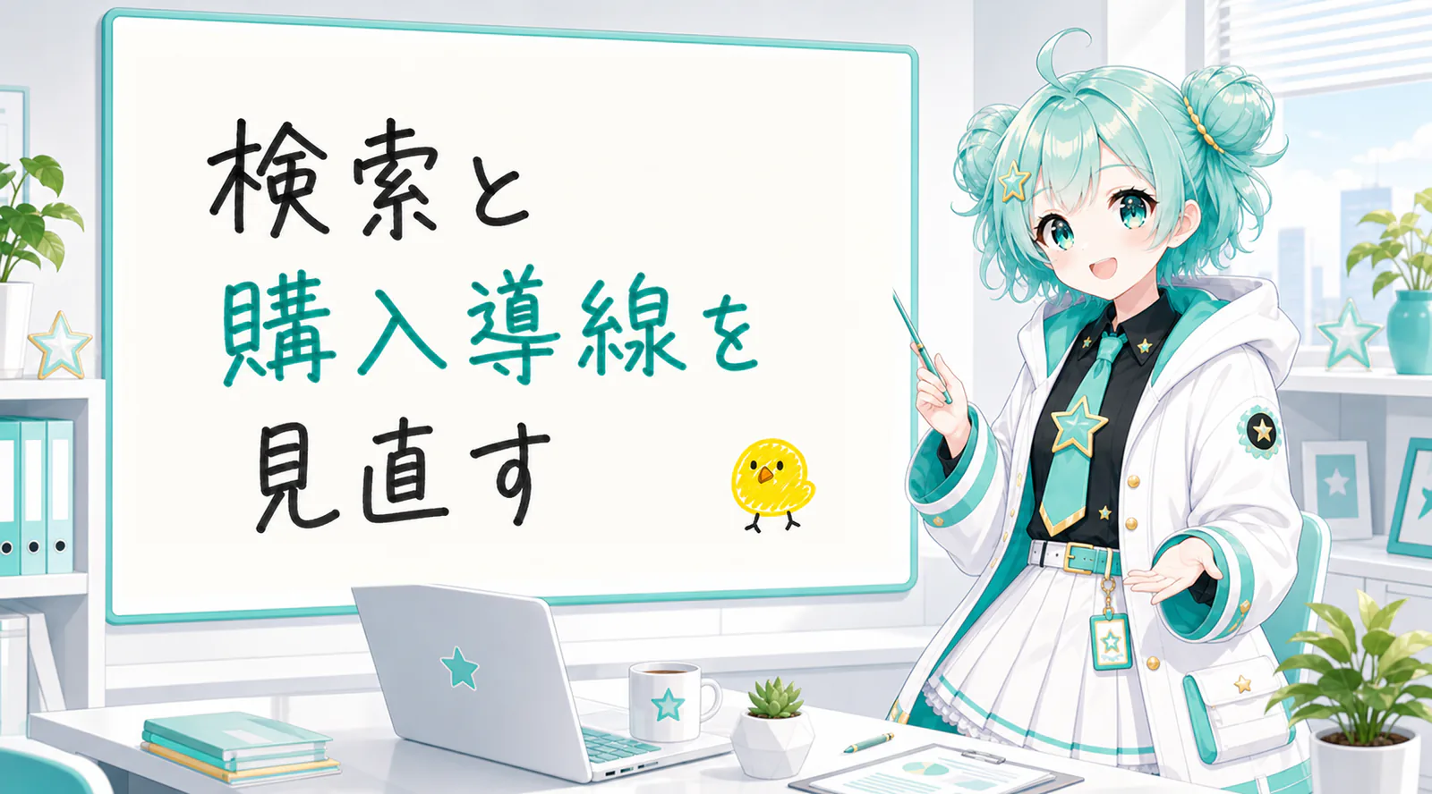 「検索と購入導線を見直す」と手書きされたホワイトボードを指す公式キャラクターと、ひよこの落書き