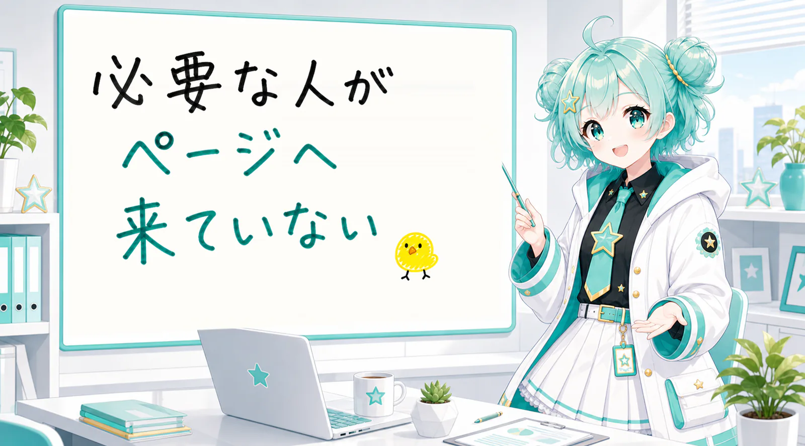 「必要な人がページへ来ていない」と手書きされたホワイトボードを指す公式キャラクターと、ひよこの落書き