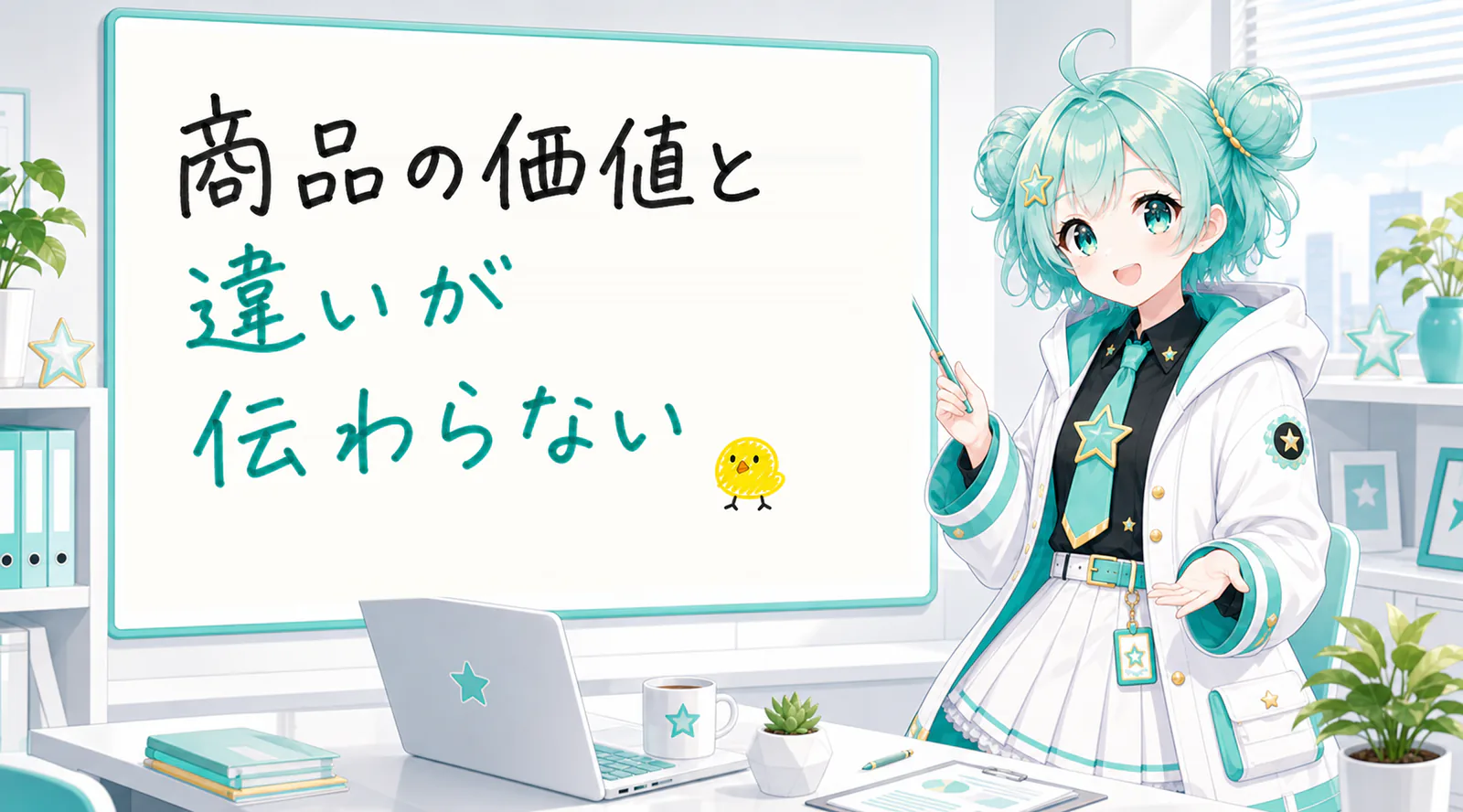 「商品の価値と違いが伝わらない」と手書きされたホワイトボードを指す公式キャラクターと、ひよこの落書き