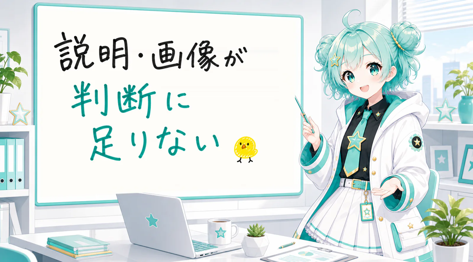 「説明・画像が判断に足りない」と手書きされたホワイトボードを指す公式キャラクターと、ひよこの落書き