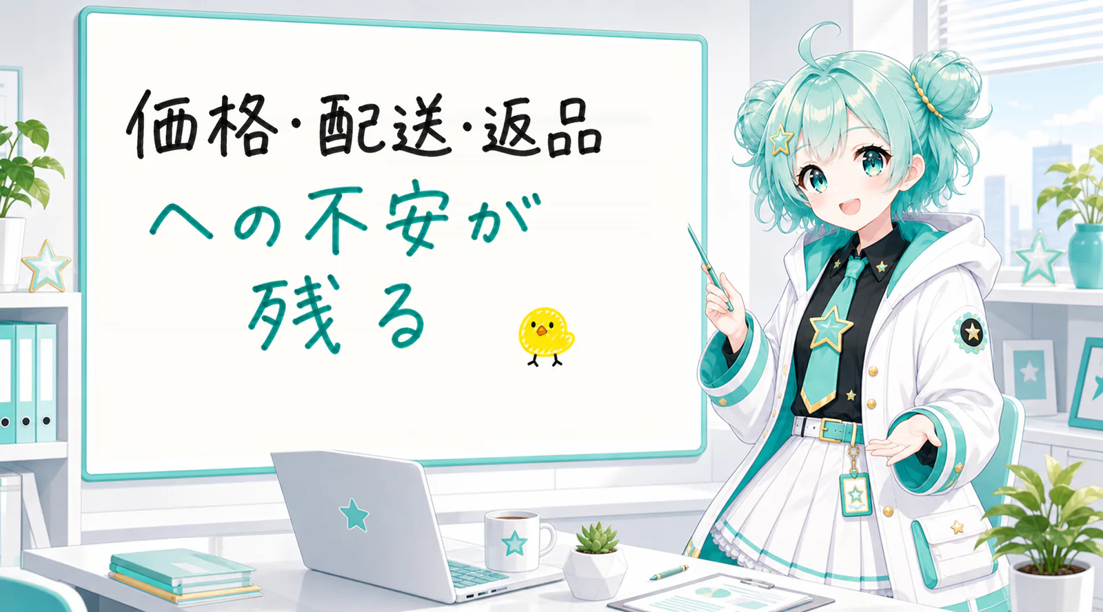 「価格・配送・返品への不安が残る」と手書きされたホワイトボードを指す公式キャラクターと、ひよこの落書き