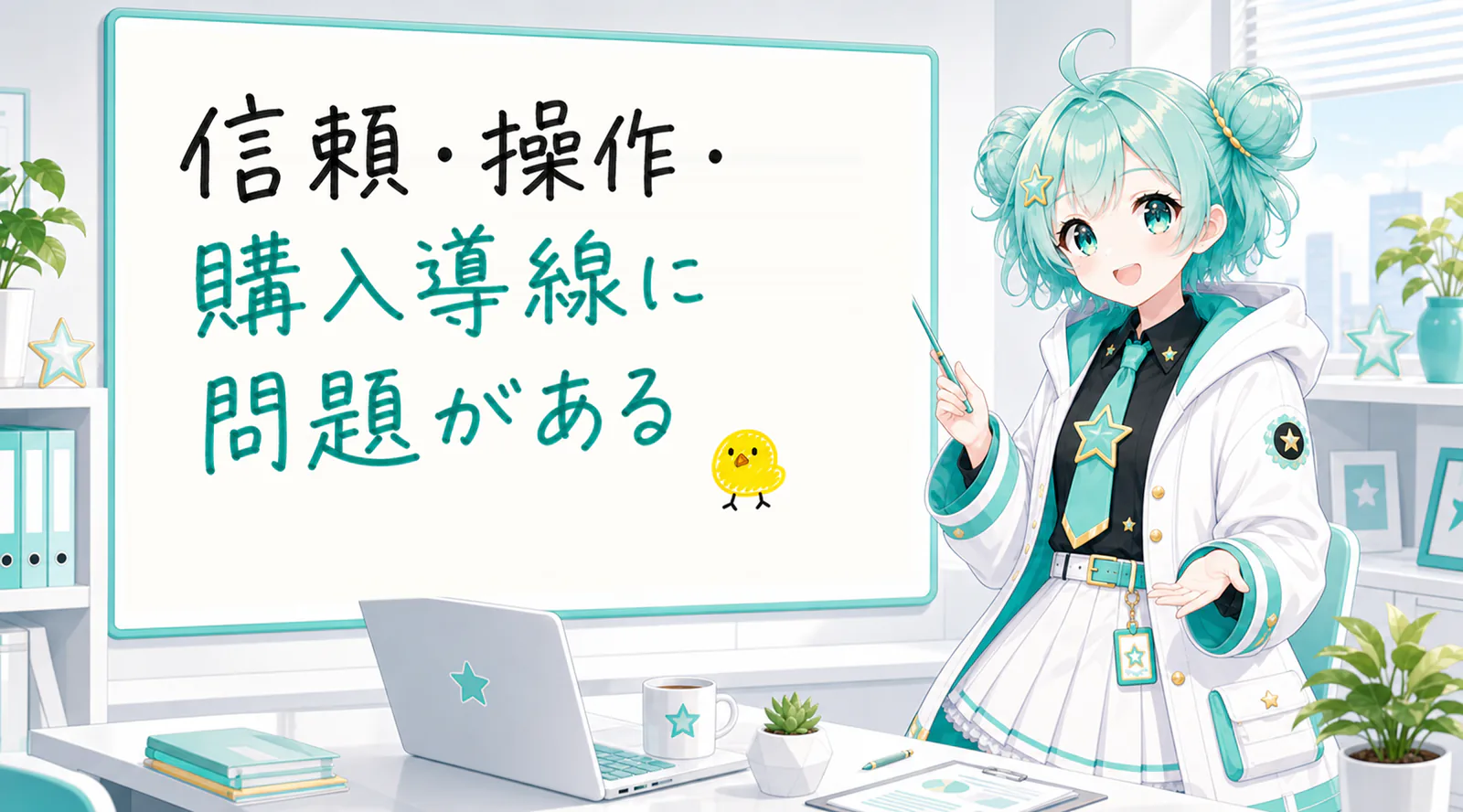 「信頼・操作・購入導線に問題がある」と手書きされたホワイトボードを指す公式キャラクターと、ひよこの落書き