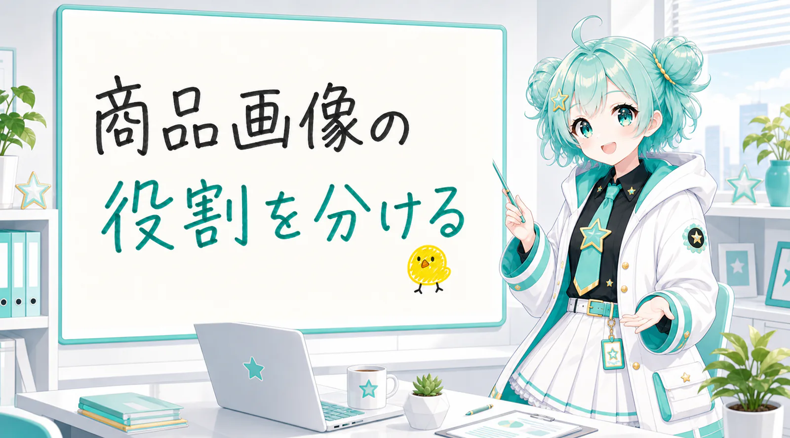 「商品画像の役割を分ける」と手書きされたホワイトボードを指す公式キャラクターと、ひよこの落書き
