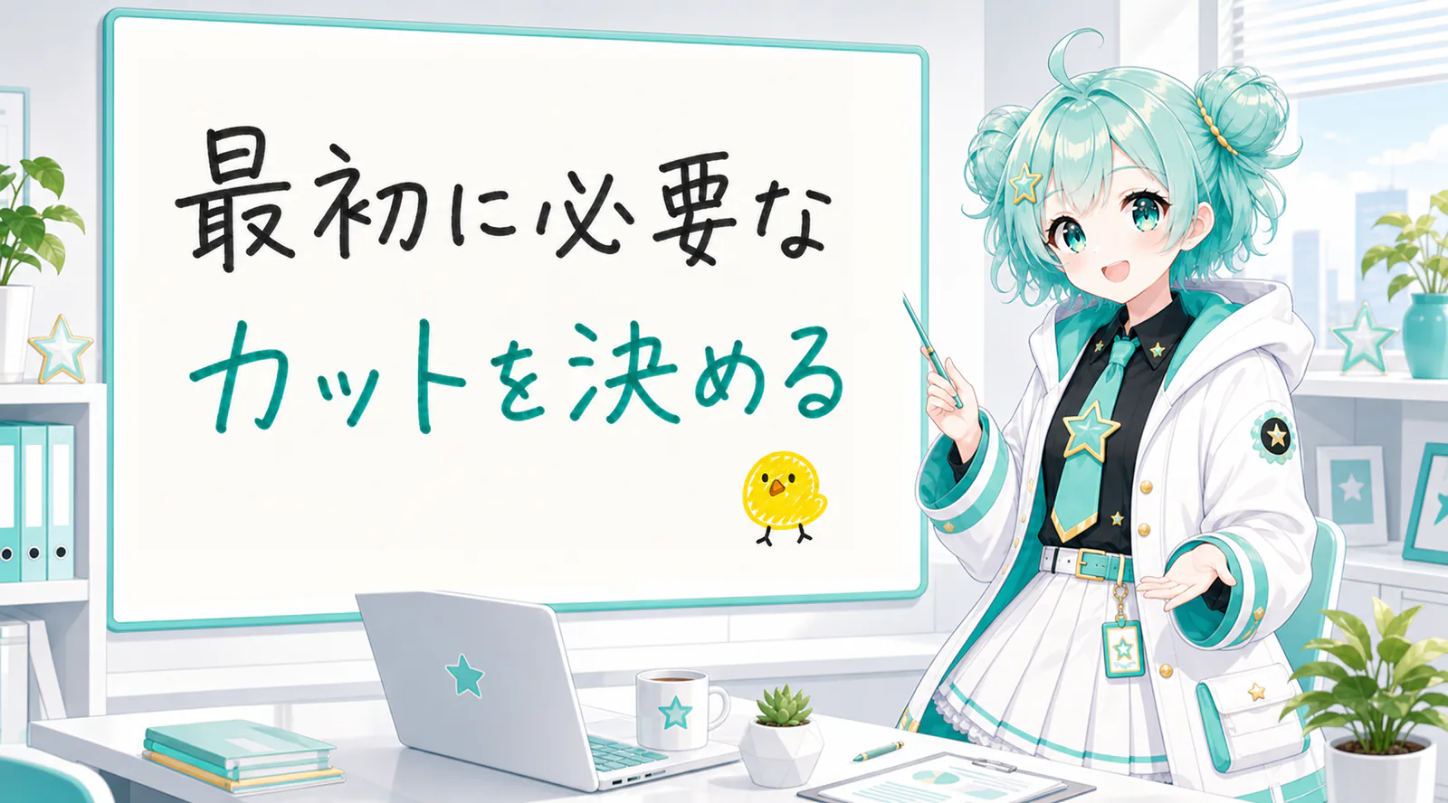 「最初に必要なカットを決める」と手書きされたホワイトボードを指す公式キャラクターと、ひよこの落書き