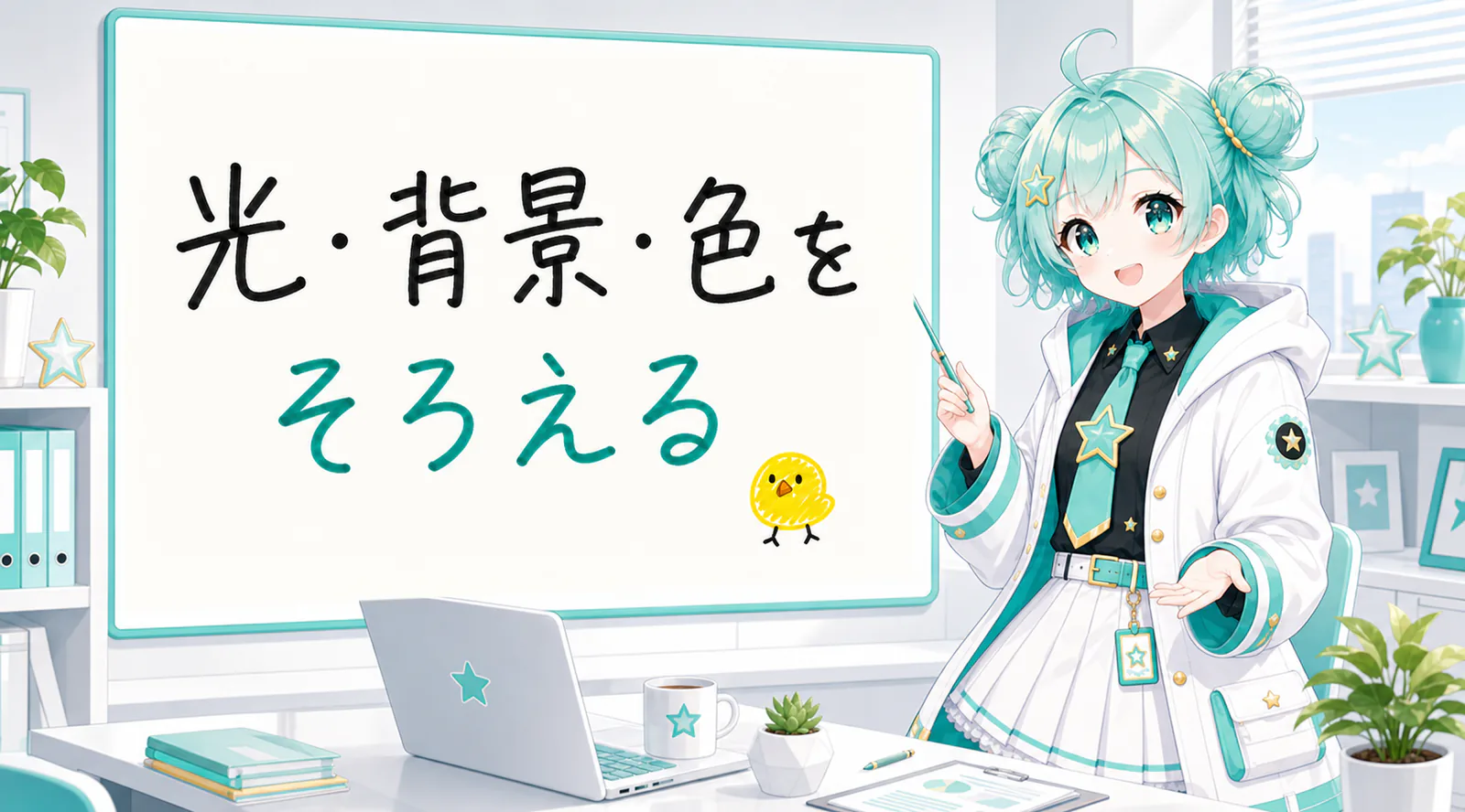 「光・背景・色をそろえる」と手書きされたホワイトボードを指す公式キャラクターと、ひよこの落書き