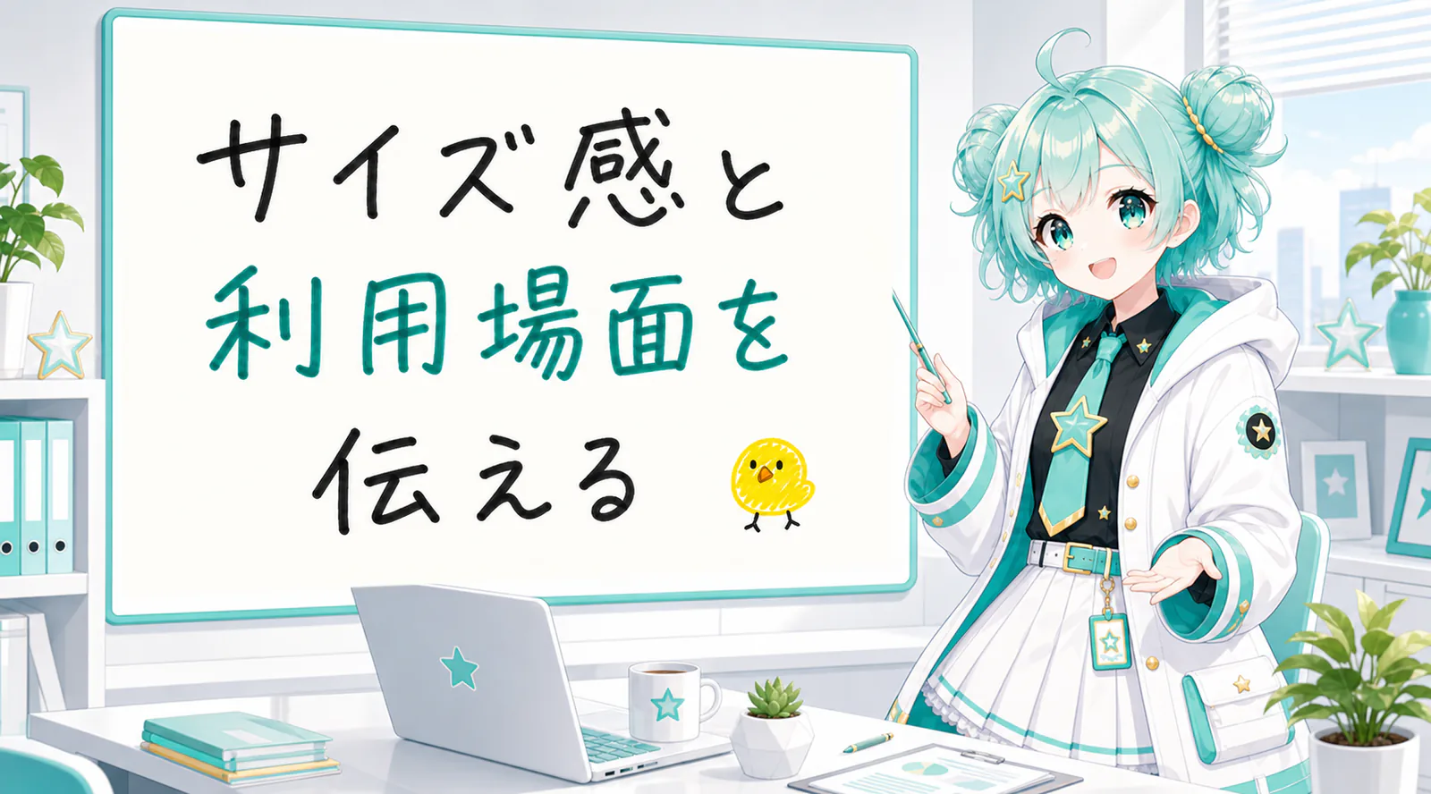 「サイズ感と利用場面を伝える」と手書きされたホワイトボードを指す公式キャラクターと、ひよこの落書き