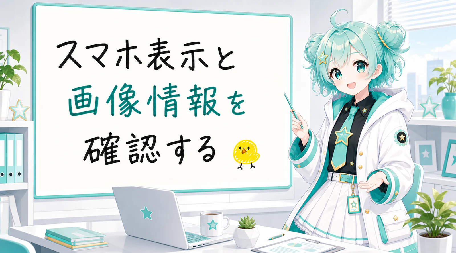 「スマホ表示と画像情報を確認する」と手書きされたホワイトボードを指す公式キャラクターと、ひよこの落書き