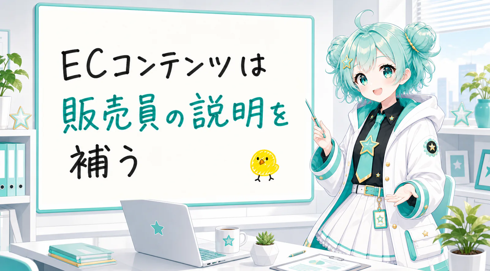 「ECコンテンツは販売員の説明を補う」と手書きされたホワイトボードを指す公式キャラクターと、ひよこの落書き