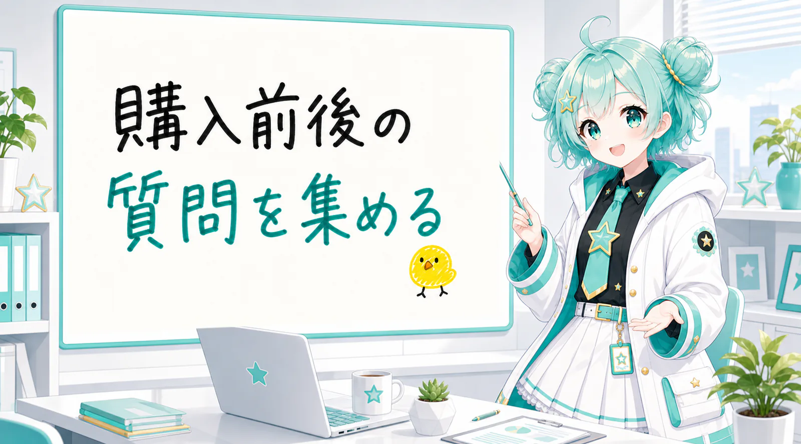 「購入前後の質問を集める」と手書きされたホワイトボードを指す公式キャラクターと、ひよこの落書き