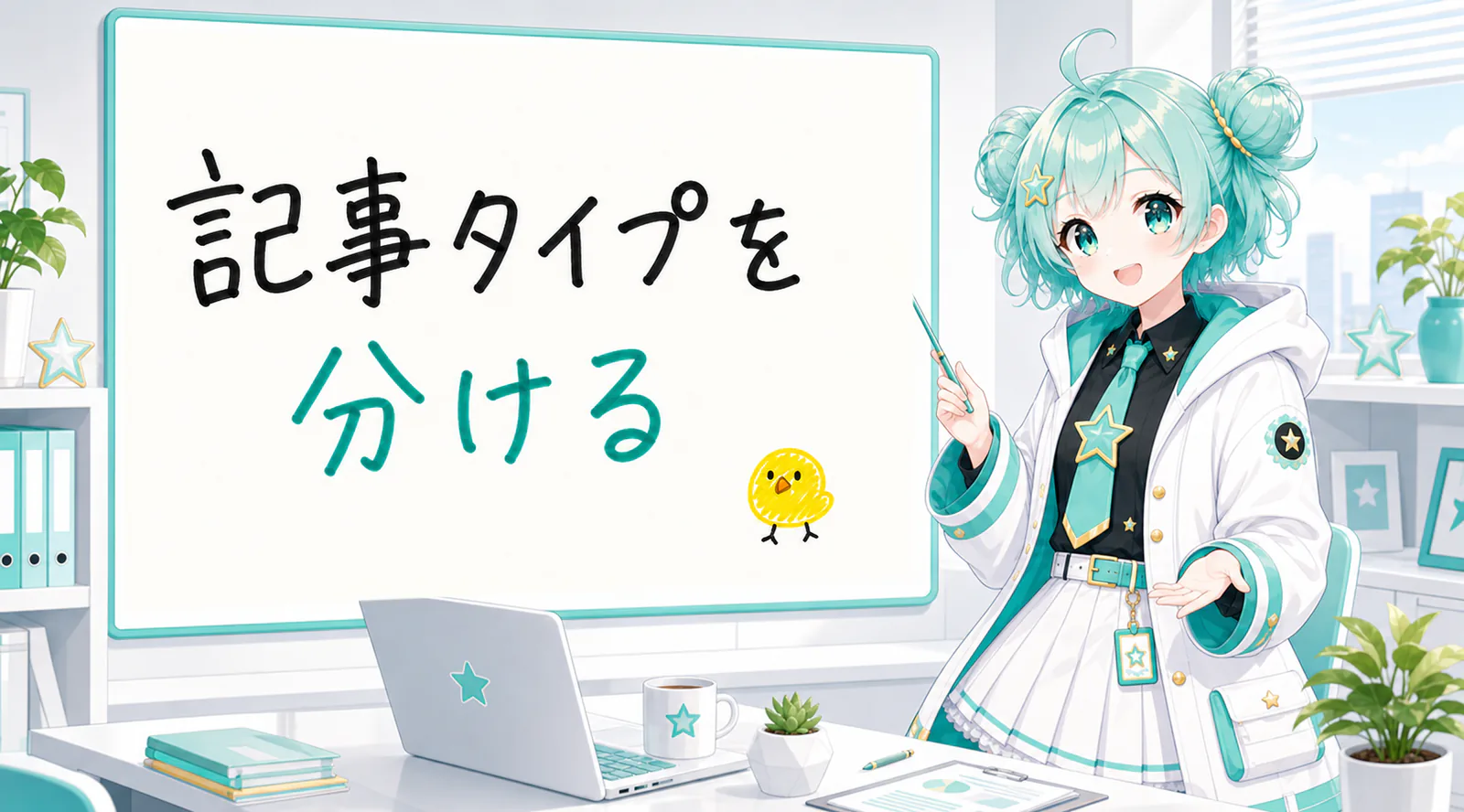 「記事タイプを分ける」と手書きされたホワイトボードを指す公式キャラクターと、ひよこの落書き