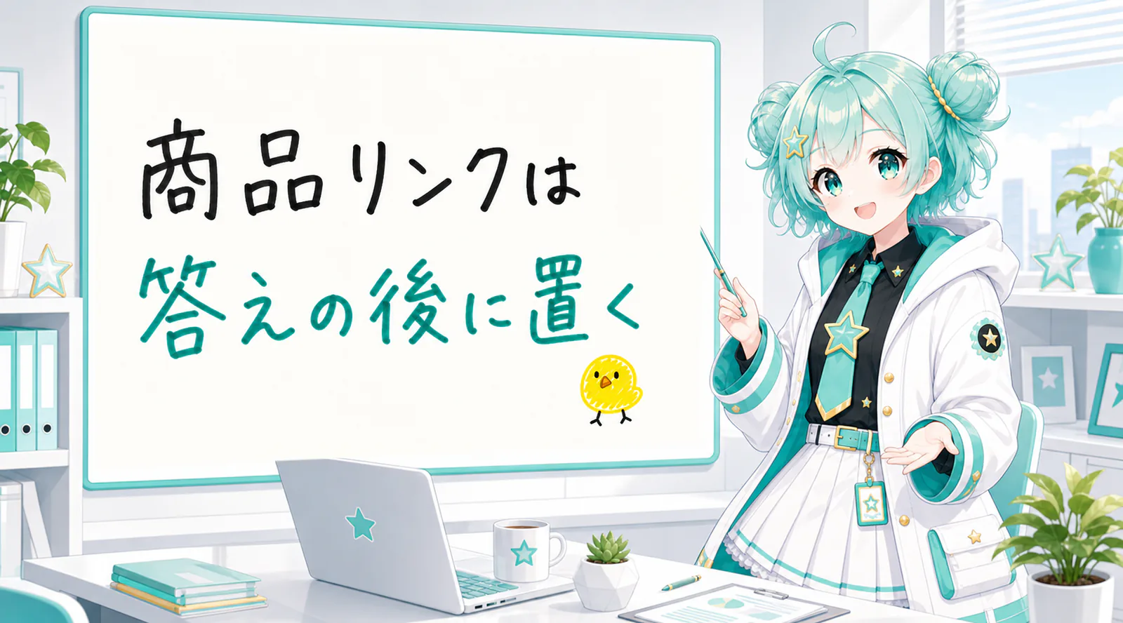 「商品リンクは答えの後に置く」と手書きされたホワイトボードを指す公式キャラクターと、ひよこの落書き