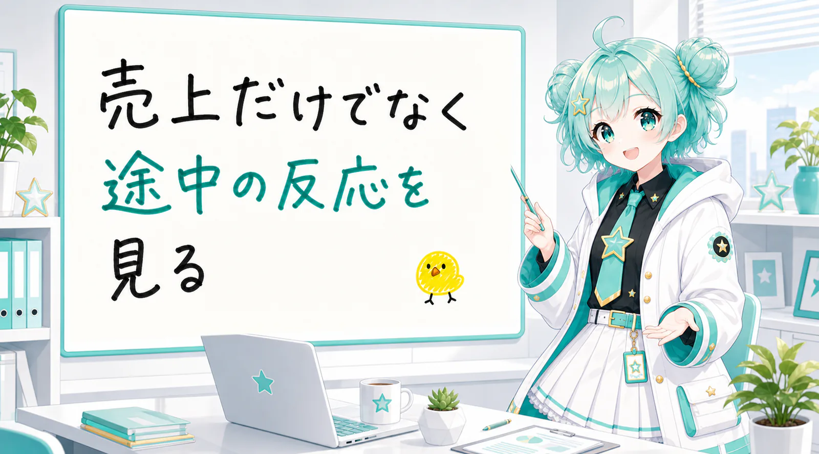 「売上だけでなく途中の反応を見る」と手書きされたホワイトボードを指す公式キャラクターと、ひよこの落書き
