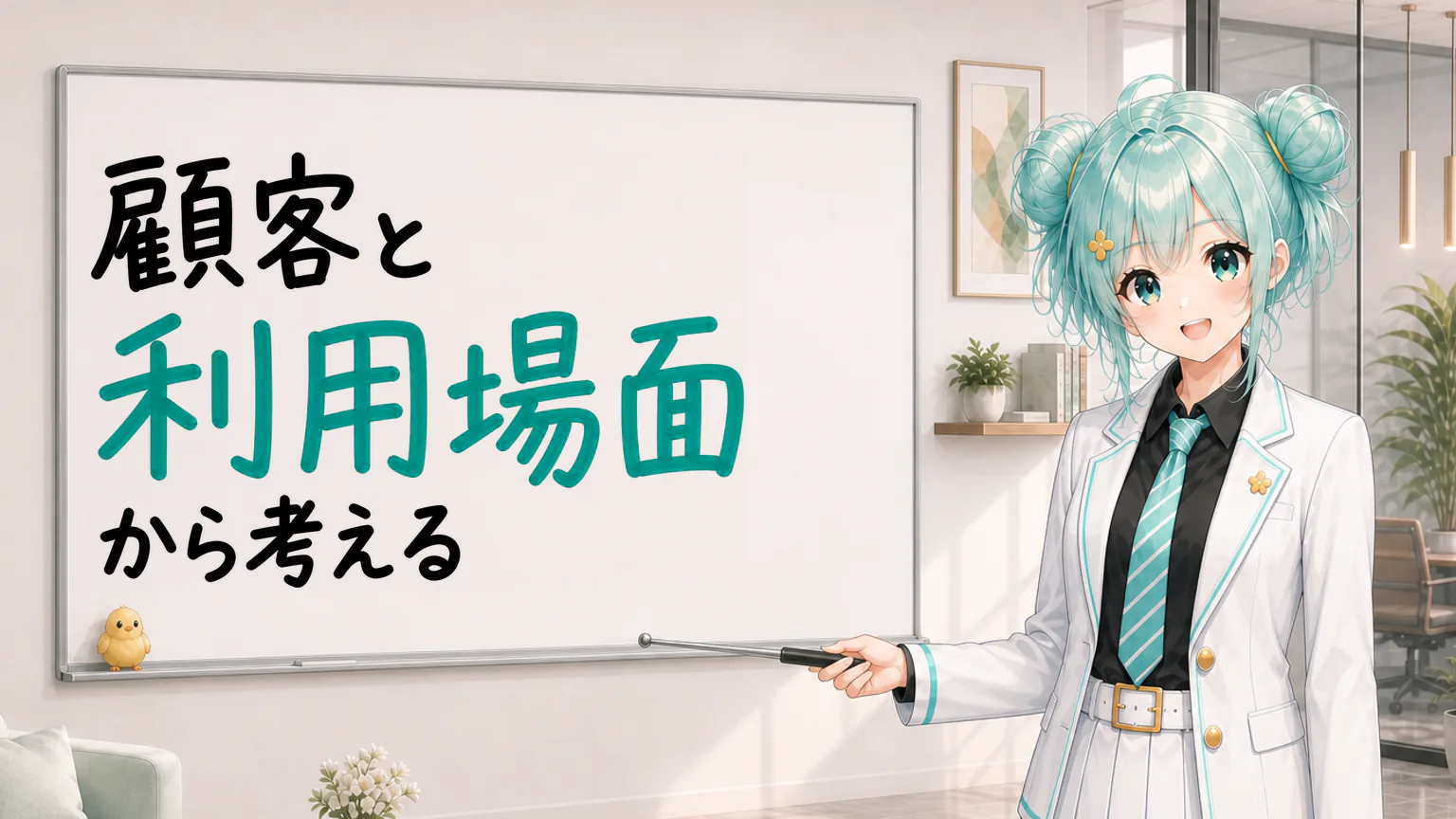 「顧客と利用場面から考える」と手書きされたホワイトボードを指す公式キャラクターと、ひよこの落書き