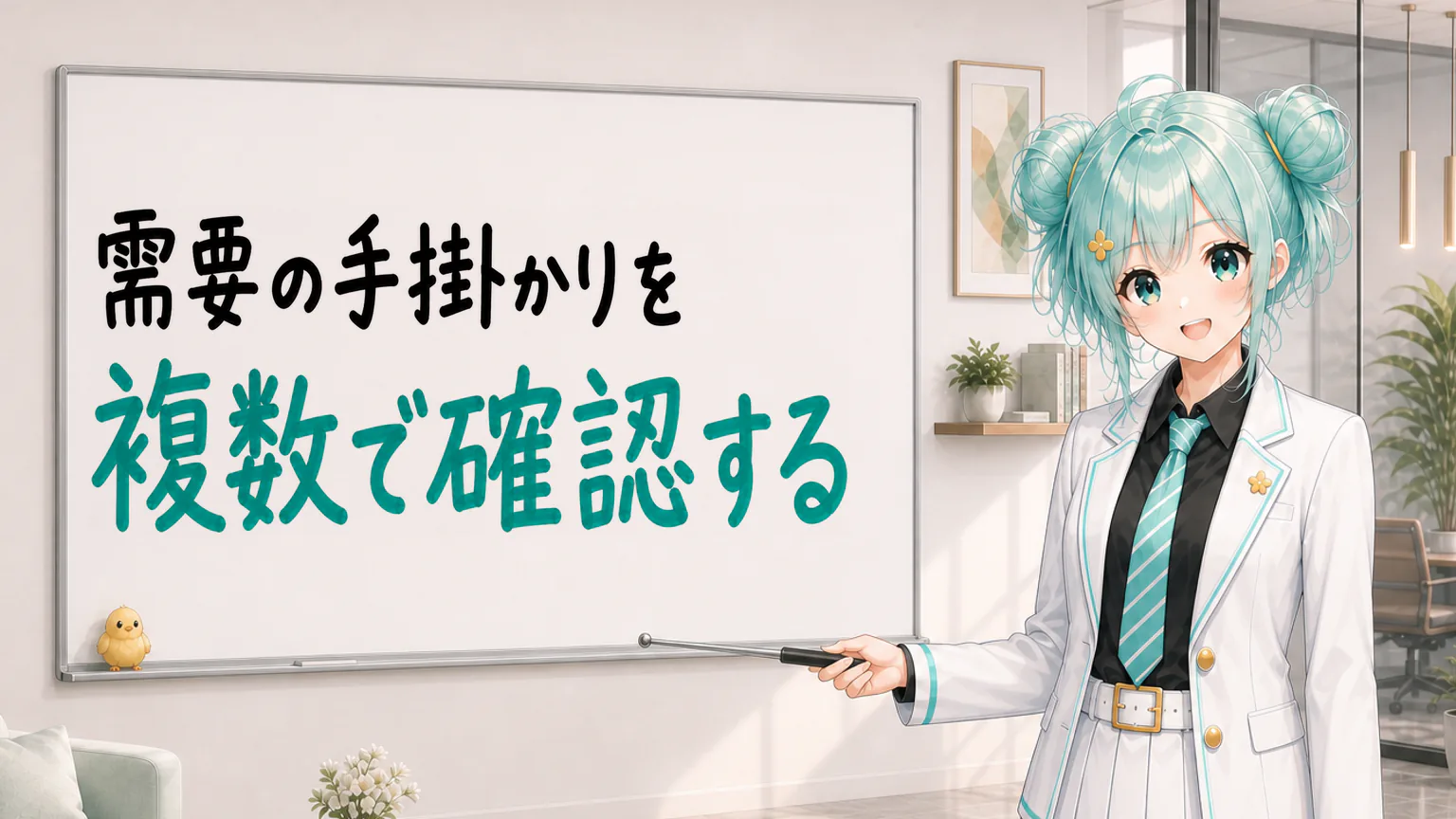 「需要の手掛かりを複数で確認する」と手書きされたホワイトボードを指す公式キャラクターと、ひよこの落書き