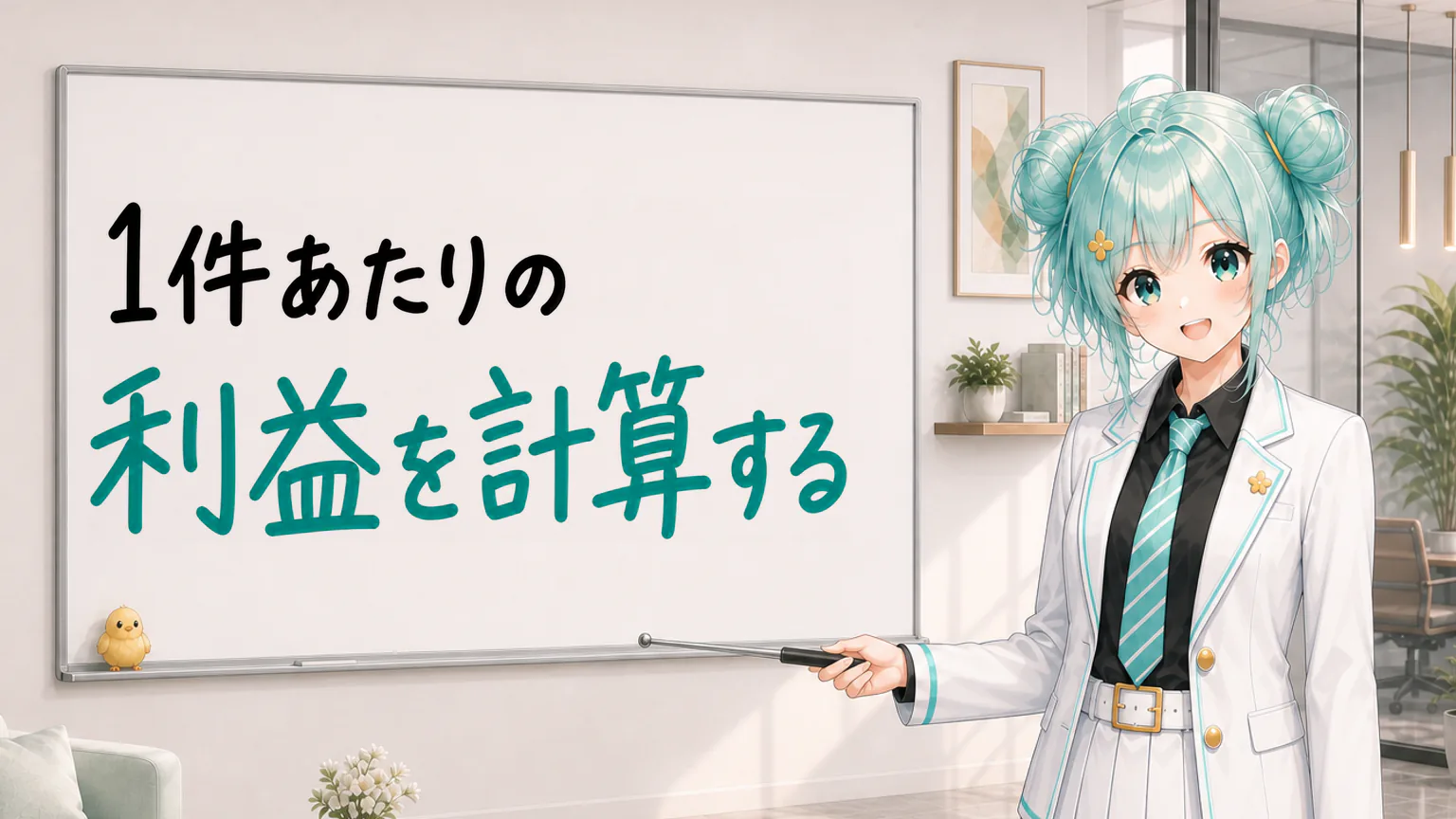 「1件あたりの利益を計算する」と手書きされたホワイトボードを指す公式キャラクターと、ひよこの落書き