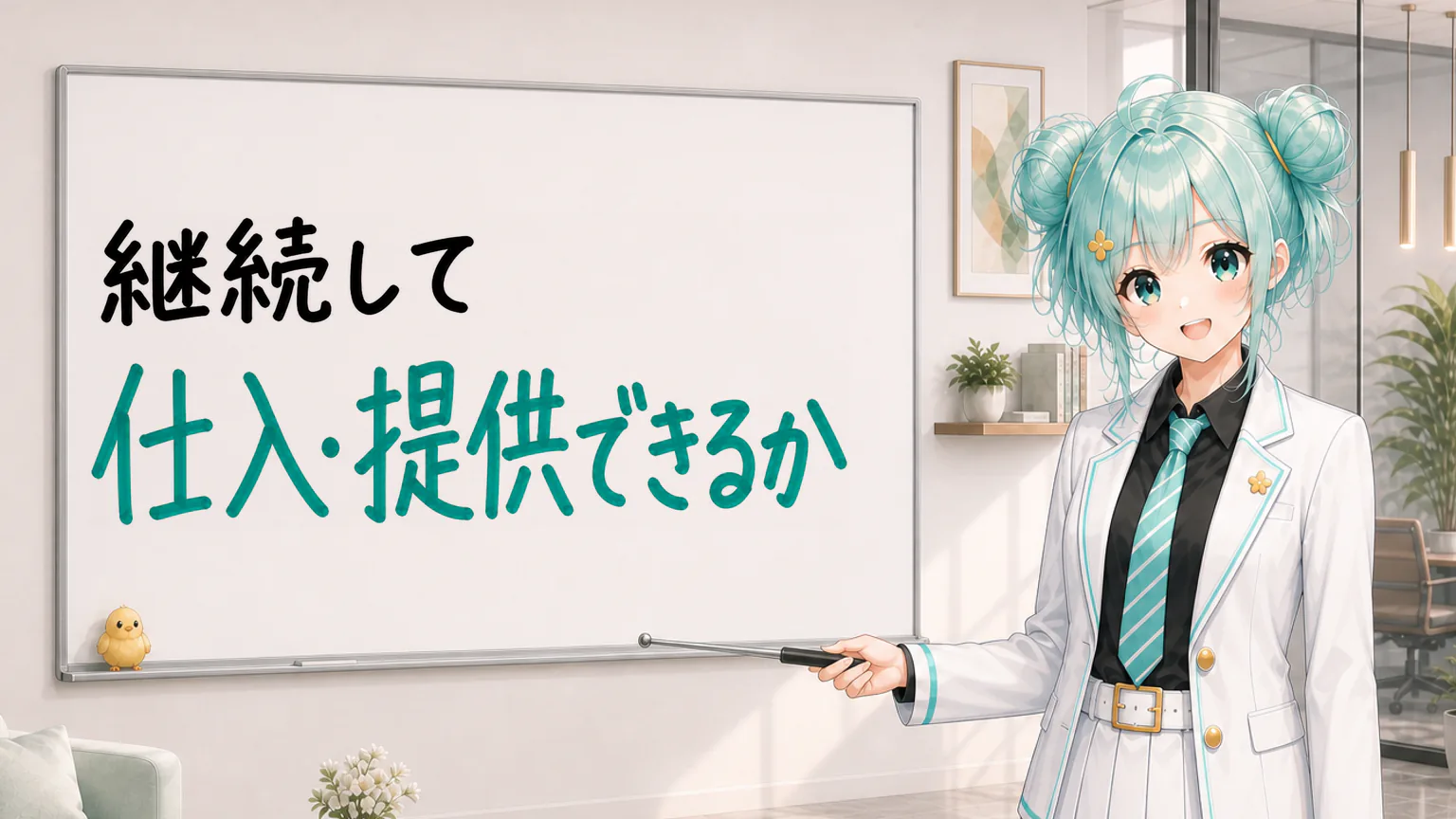 「継続して仕入・提供できるか」と手書きされたホワイトボードを指す公式キャラクターと、ひよこの落書き