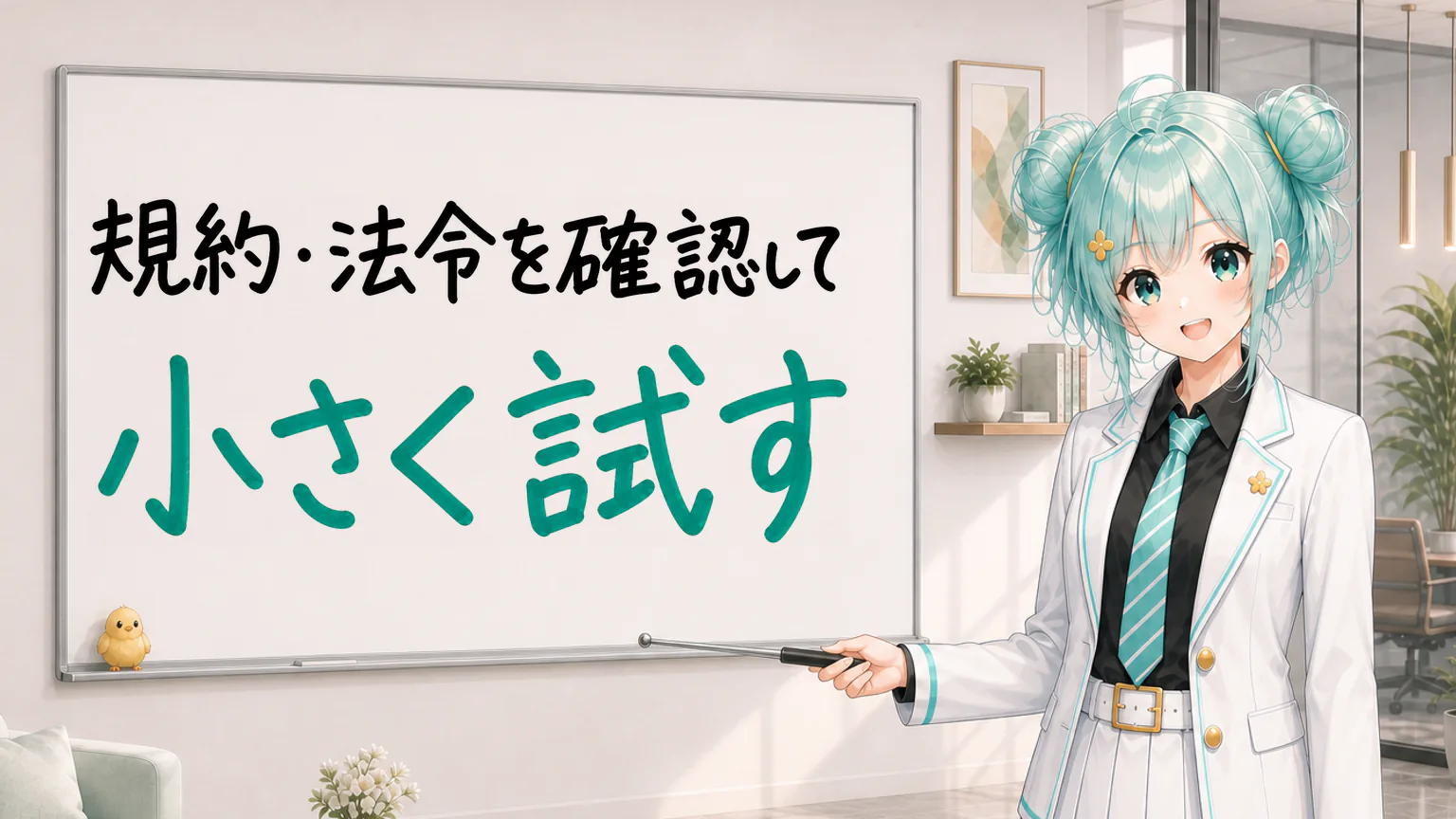 「規約・法令を確認して小さく試す」と手書きされたホワイトボードを指す公式キャラクターと、ひよこの落書き