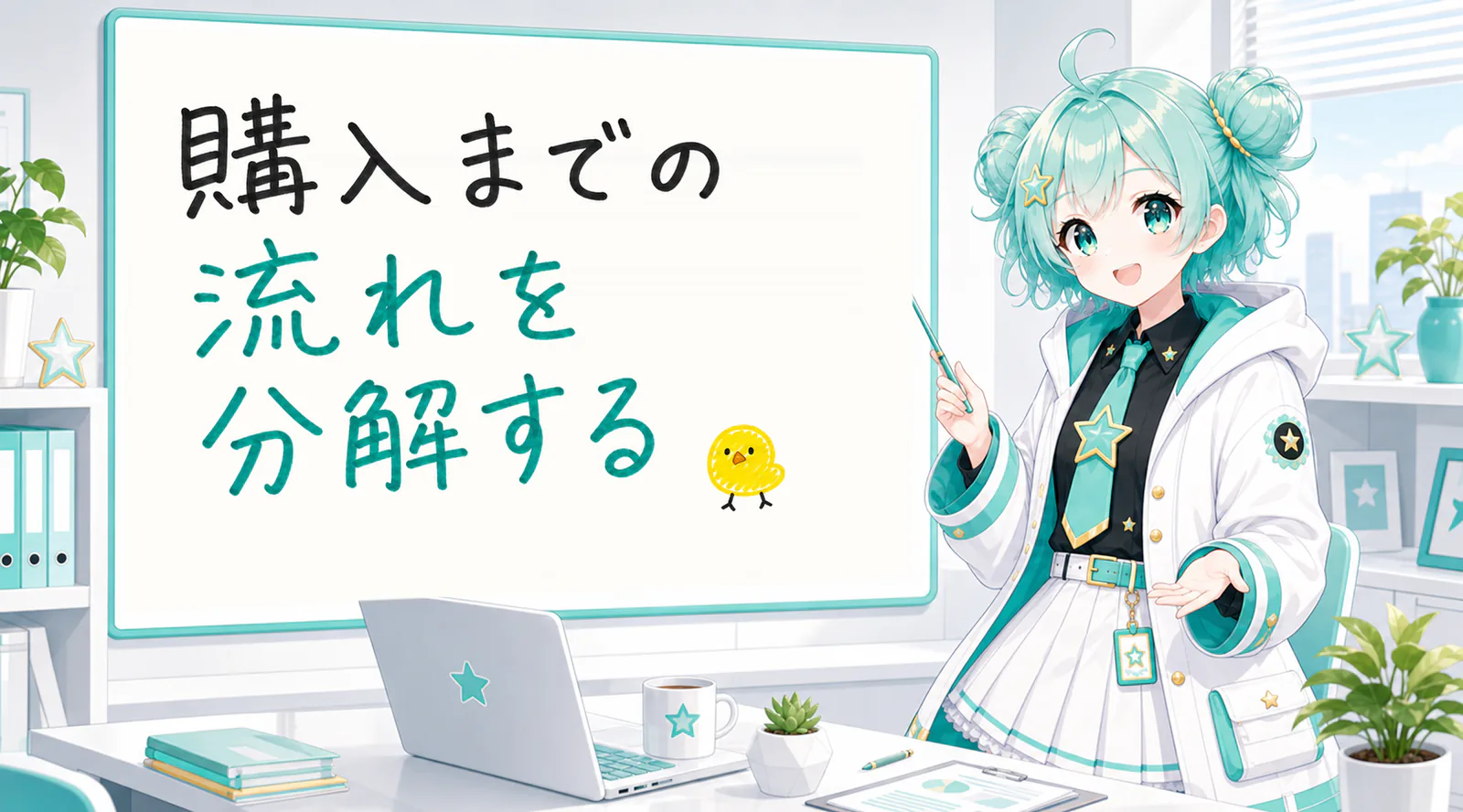 「購入までの流れを分解する」と手書きされたホワイトボードを指す公式キャラクターと、ひよこの落書き