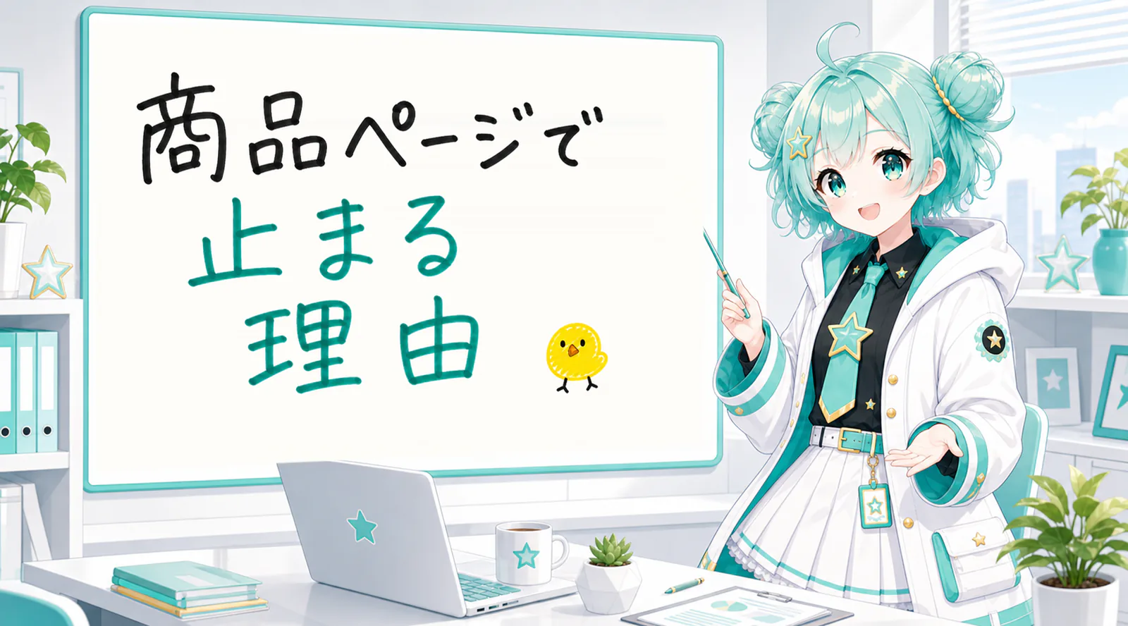 「商品ページで止まる理由」と手書きされたホワイトボードを指す公式キャラクターと、ひよこの落書き