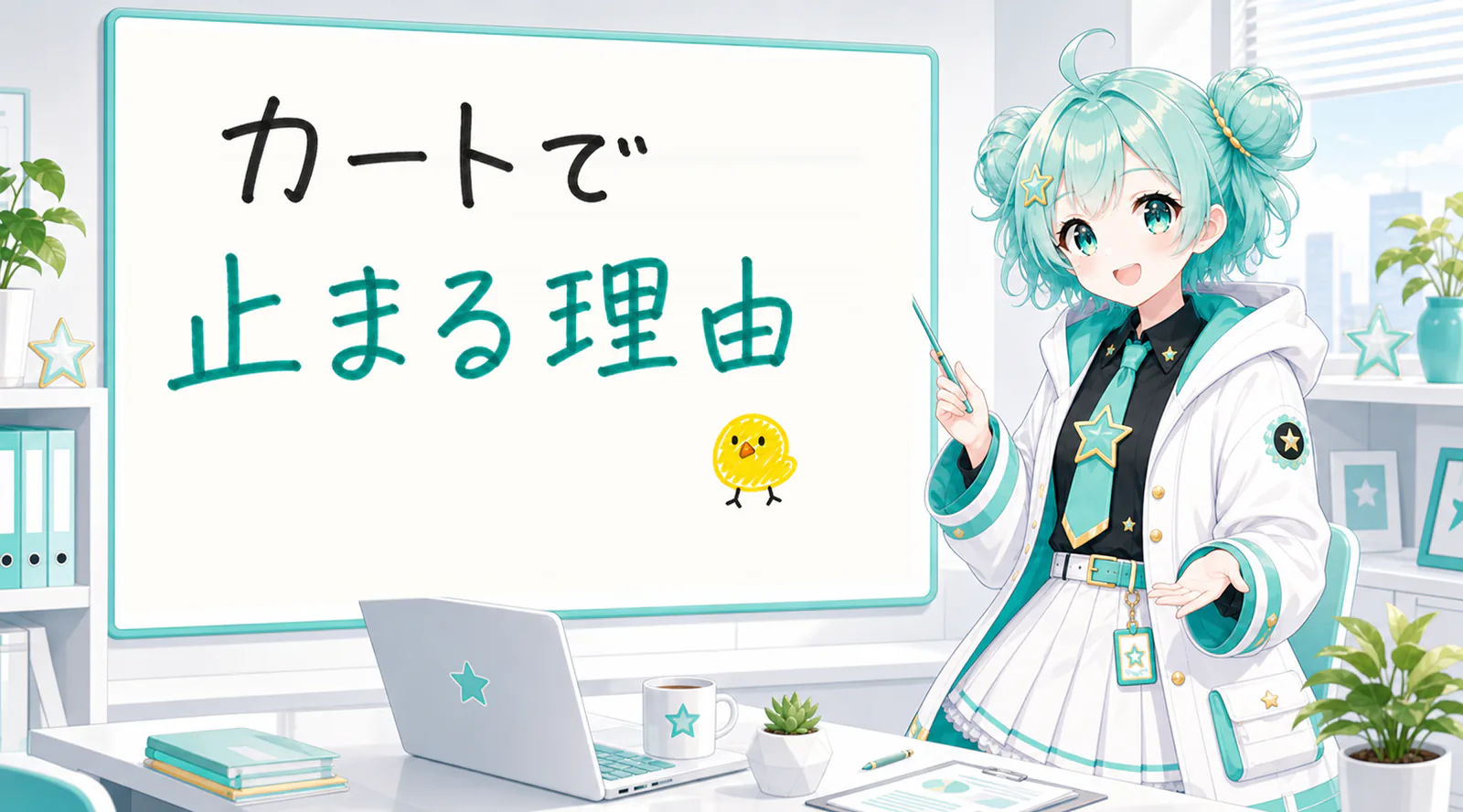 「カートで止まる理由」と手書きされたホワイトボードを指す公式キャラクターと、ひよこの落書き