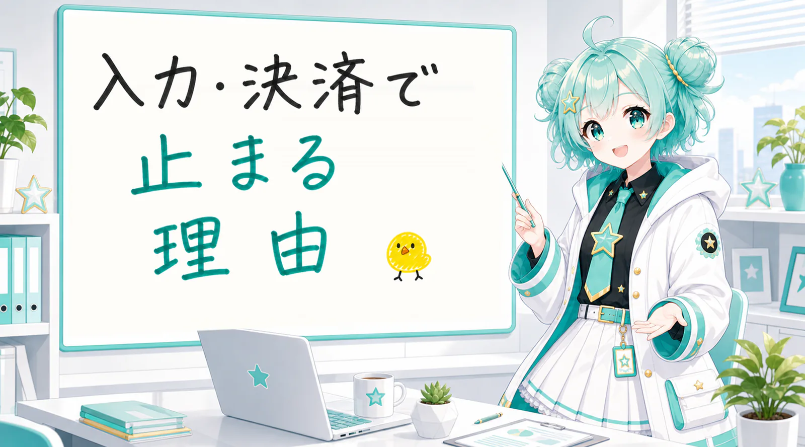 「入力・決済で止まる理由」と手書きされたホワイトボードを指す公式キャラクターと、ひよこの落書き