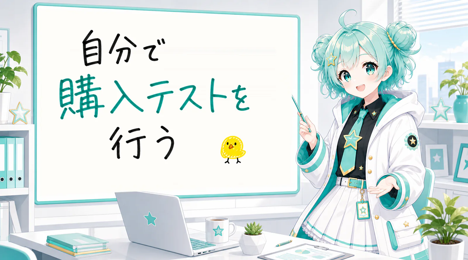「自分で購入テストを行う」と手書きされたホワイトボードを指す公式キャラクターと、ひよこの落書き