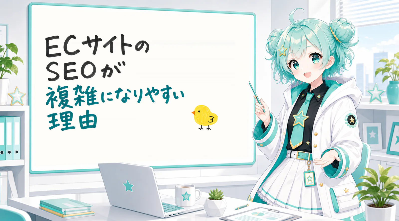 「ECサイトのSEOが複雑になりやすい理由」と手書きされたホワイトボードを指す公式キャラクターと、ひよこの落書き