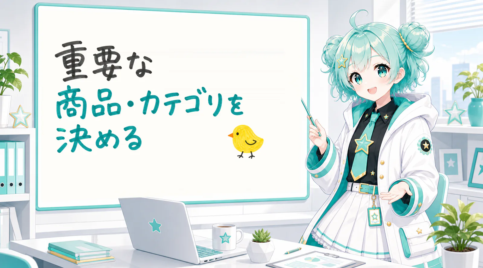 「重要な商品・カテゴリを決める」と手書きされたホワイトボードを指す公式キャラクターと、ひよこの落書き