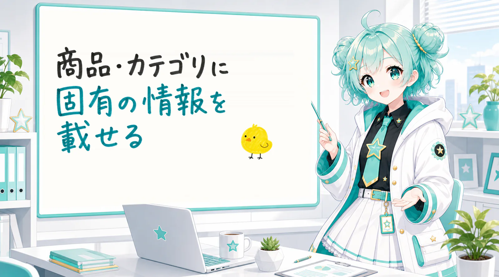「商品・カテゴリに固有の情報を載せる」と手書きされたホワイトボードを指す公式キャラクターと、ひよこの落書き
