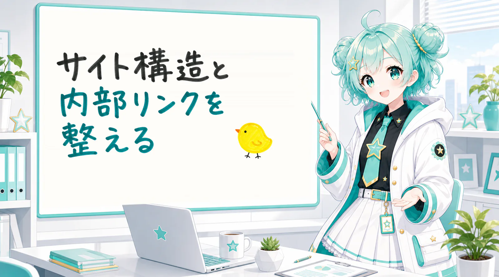 「サイト構造と内部リンクを整える」と手書きされたホワイトボードを指す公式キャラクターと、ひよこの落書き
