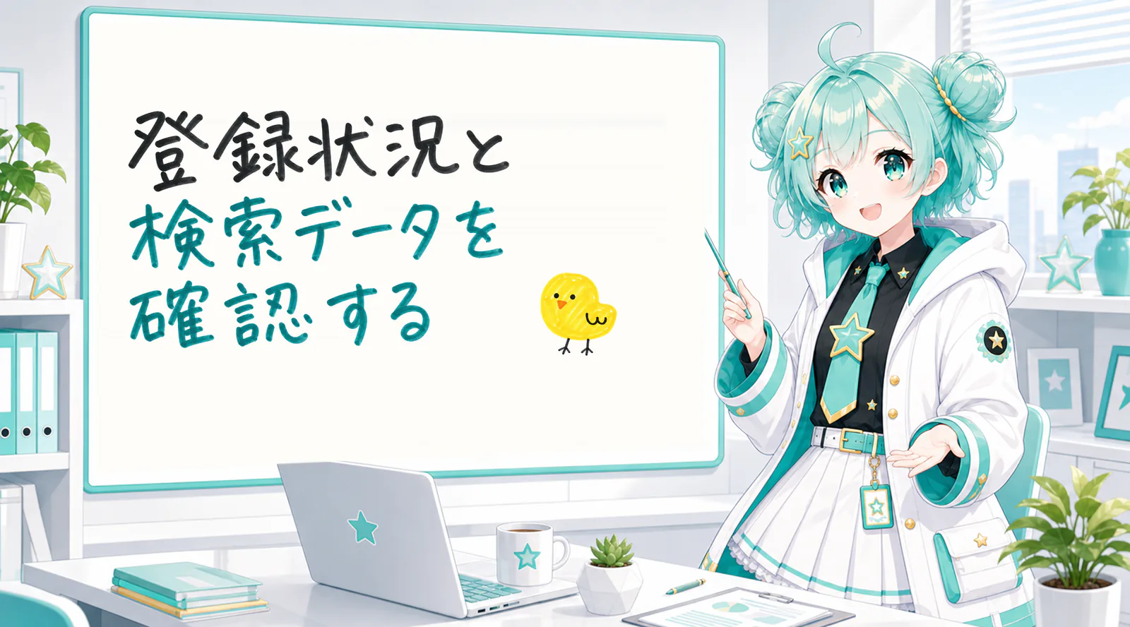 「登録状況と検索データを確認する」と手書きされたホワイトボードを指す公式キャラクターと、ひよこの落書き