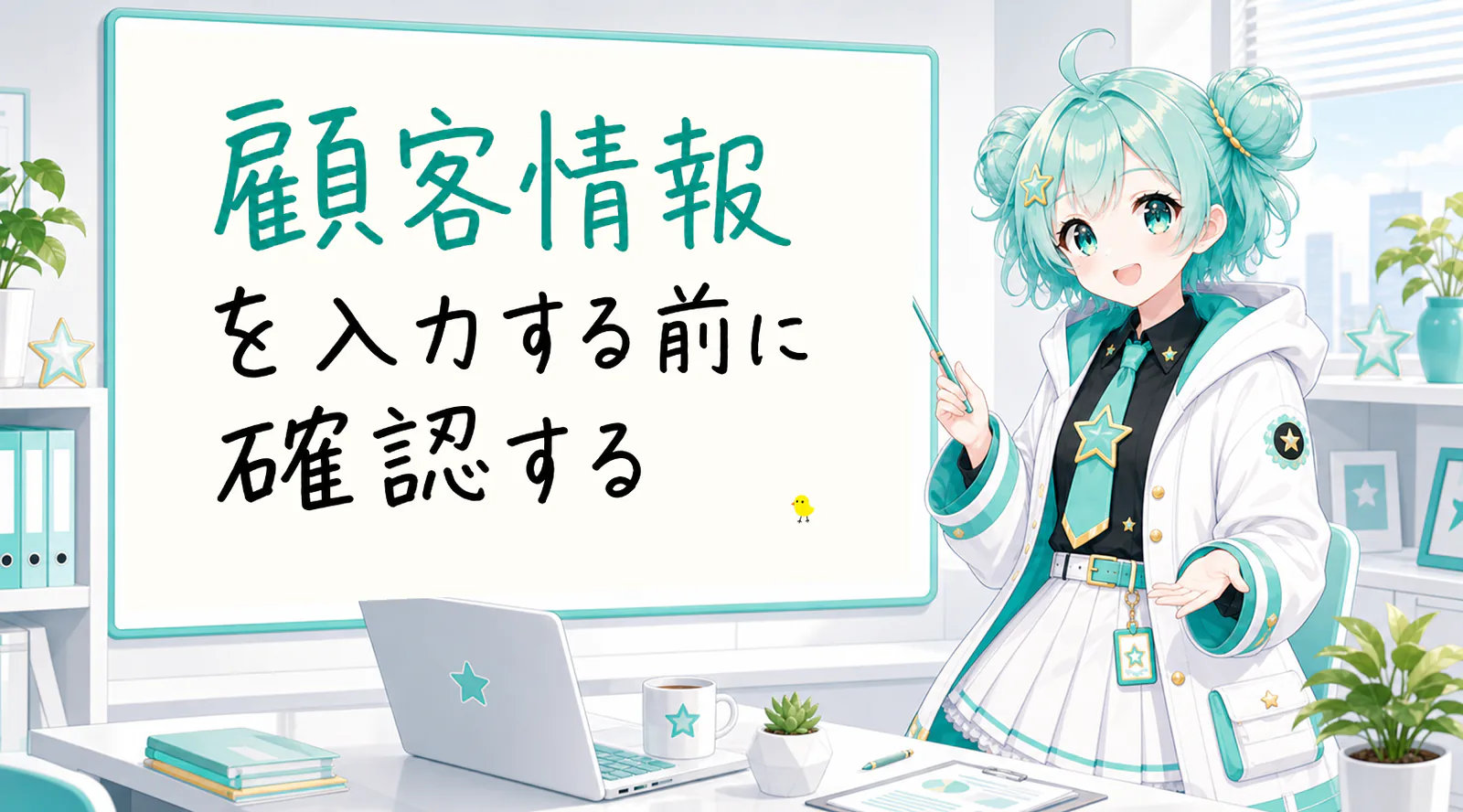 「顧客情報を入力する前に確認する」と手書きされたホワイトボードを指す公式キャラクターと、ひよこの落書き