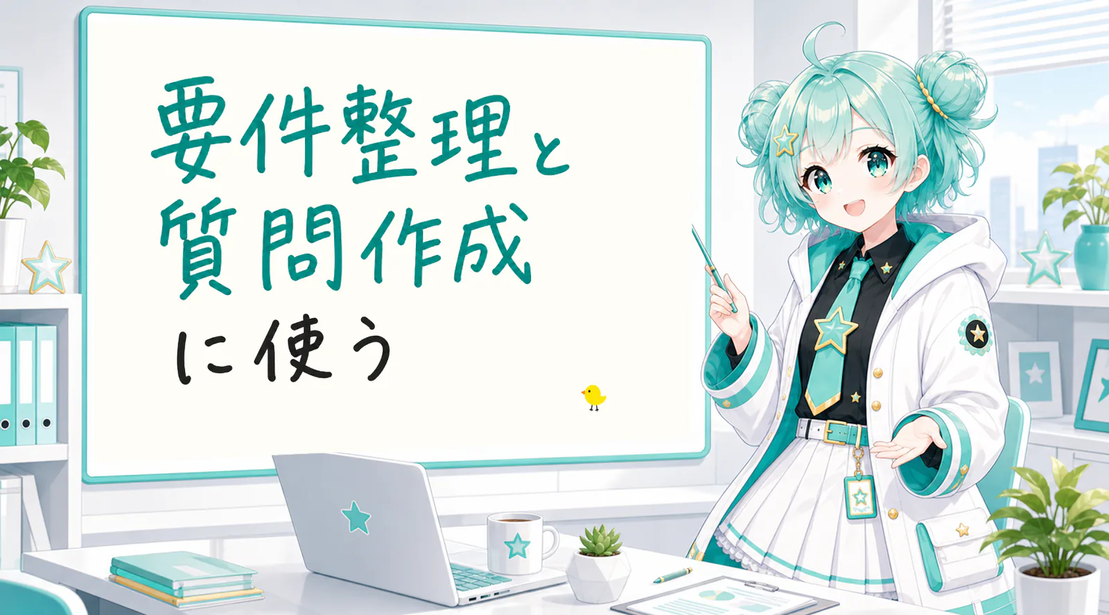 「要件整理と質問作成に使う」と手書きされたホワイトボードを指す公式キャラクターと、ひよこの落書き