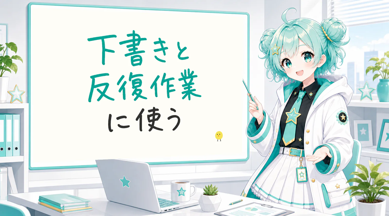 「下書きと反復作業に使う」と手書きされたホワイトボードを指す公式キャラクターと、ひよこの落書き