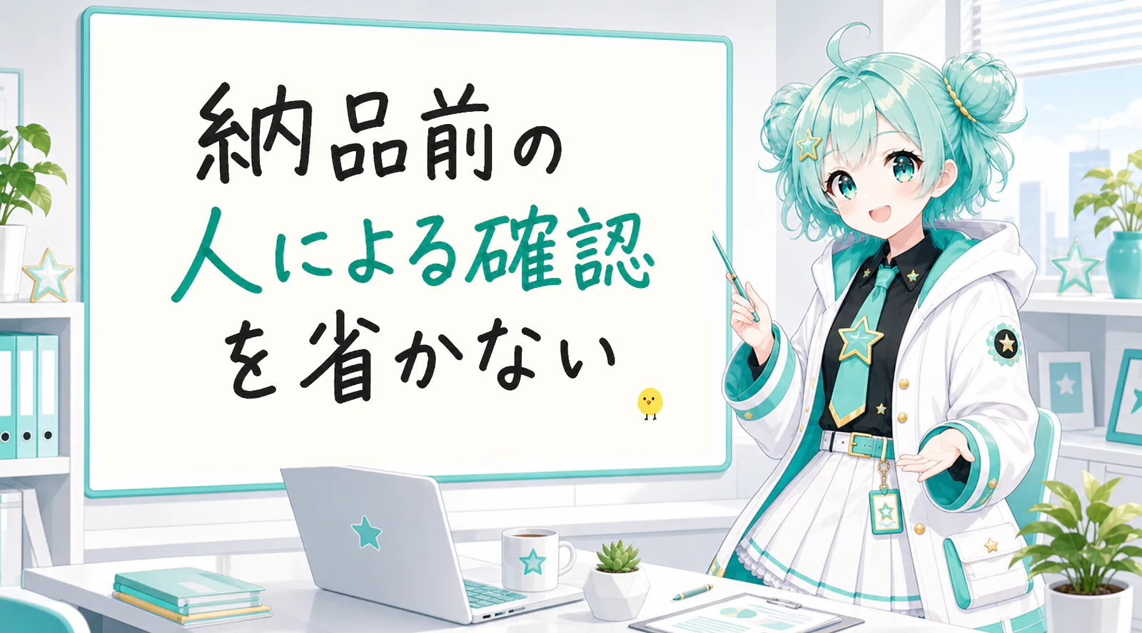 「納品前の人による確認を省かない」と手書きされたホワイトボードを指す公式キャラクターと、ひよこの落書き