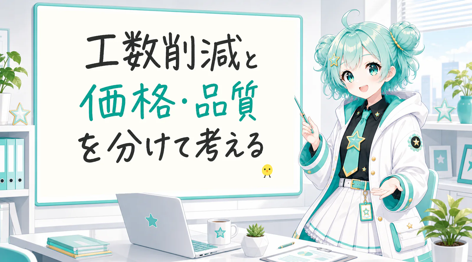 「工数削減と価格・品質を分けて考える」と手書きされたホワイトボードを指す公式キャラクターと、ひよこの落書き